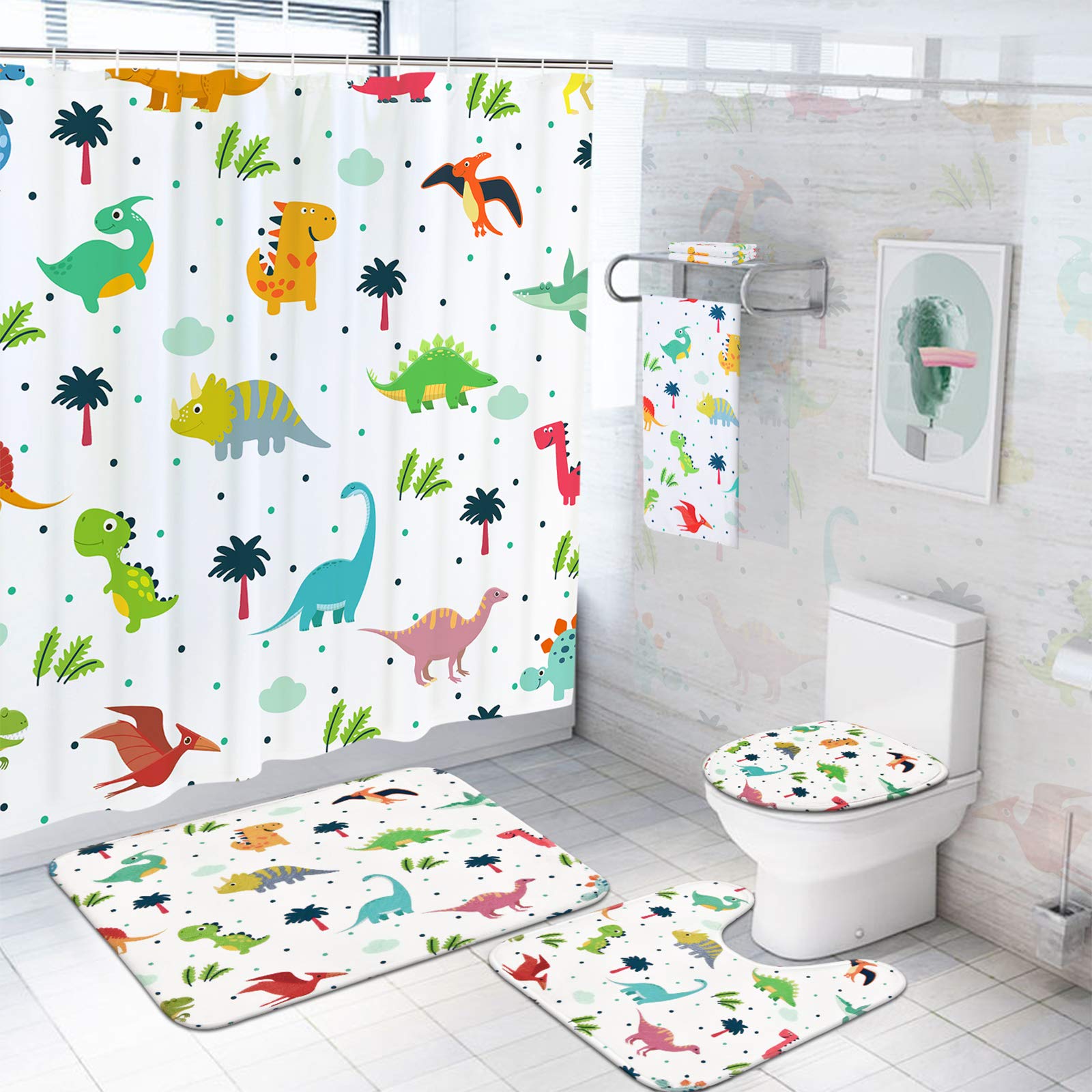 **IKFASHONI 7-Piece Cartoon Dinosaur Shower Curtain Set - Includes Non-Slip Bath Rug, Toilet Lid Cover, Bath Mat & Towels - Cute Kids Bathroom Decor with 12 Hooks - Perfect for Children's Bathroom, Nursery, or Playroom**