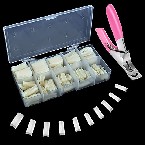 Trendy Club Acrylic Nail Tips 100pcs - French Fake Nails Natural False Nail Tips Kit with Nail Clipper & Storage Case - 10 Sizes for Nail Art Salon, Home DIY, Party & Special Occasions