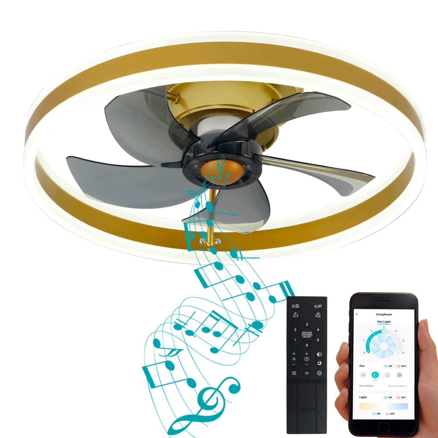 DewShrimp Bladeless Ceiling Fan with LED Lights & Bluetooth Speaker - Smart App & Remote Control, Ultra Quiet Low Profile Flush Mount Fan, 19.7 Inch, 3 Color Temperatures & 6 Speed Reversible Motor - Perfect for Bedroom, Living Room, and Office Spaces