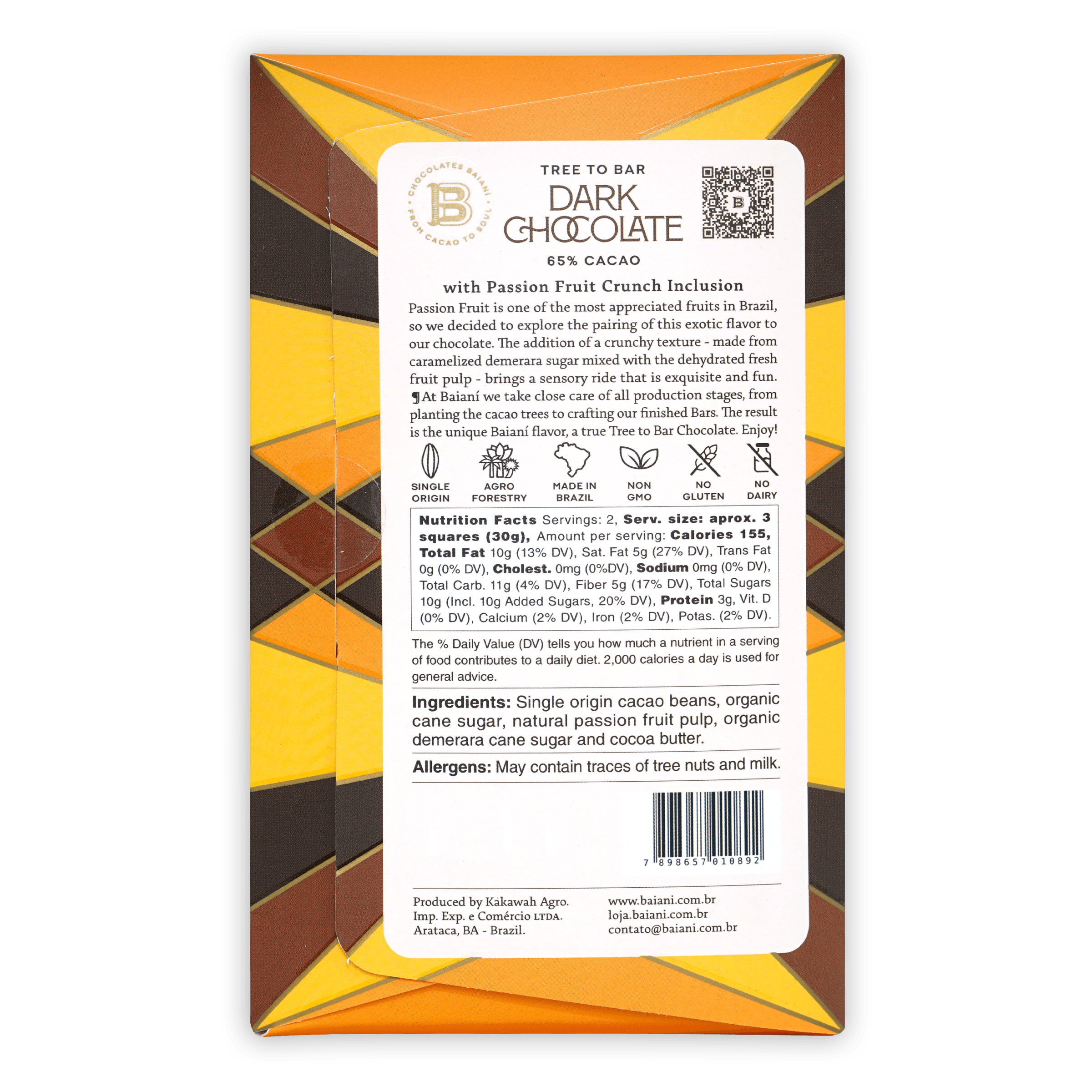 Baiani Dark Chocolate with Passionfruit Crunch 65% Cacao - Premium Gourmet Bar for Gifting, Desserts & Healthy Snacking