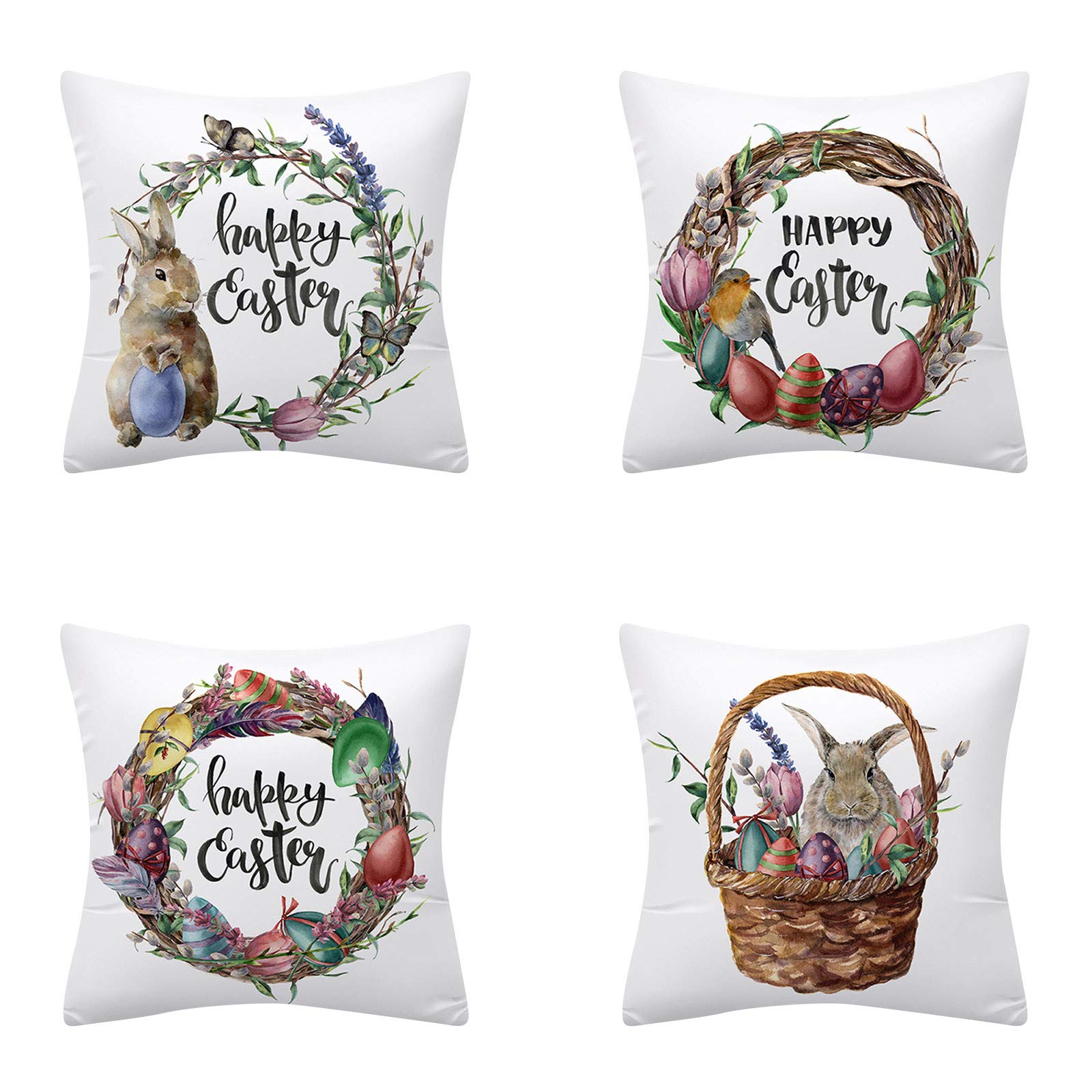 18x18 Inch Easter Pillow Covers Set of 4 - Gnome, Rabbit, Goblin & Egg Printed Linen Pillowcases for Sofa, Couch, Bedroom Decor | Spring Home Decoration & Holiday Gift