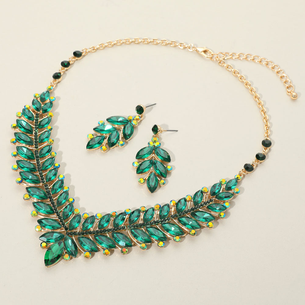 Elegant Green Marquise and AB Stone Evening Necklace Set - Statement Jewelry for Women | Perfect for Parties, Weddings & Special Occasions | 666025