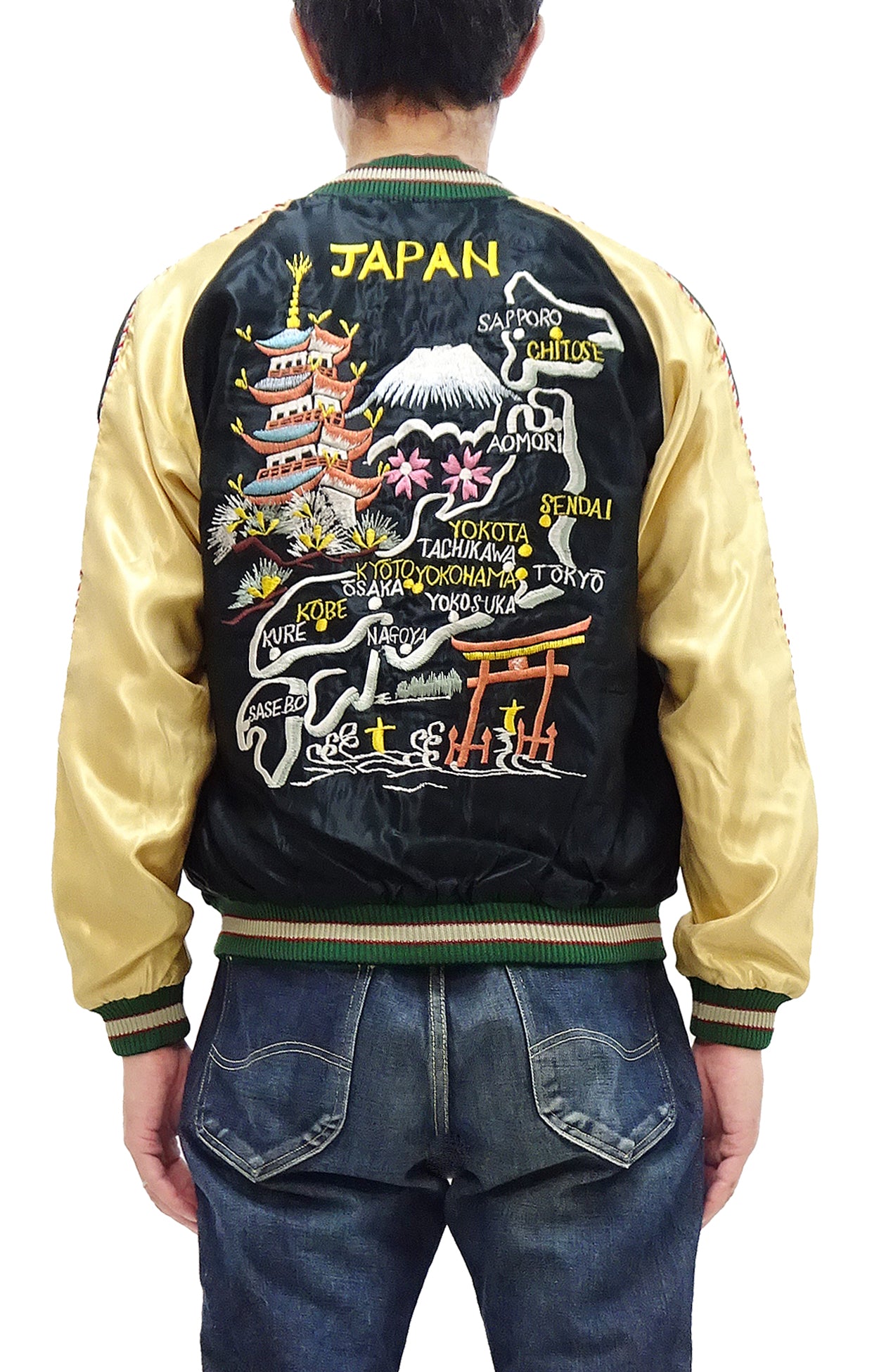 Men's Japanese Sukajan Jacket with Gold Dragon & Japan Map Embroidery - Vintage Souvenir Bomber Jacket for Streetwear & Casual Outfits (TT15542, Black/Blue) - Perfect for Urban Fashion & Japanese Culture Enthusiasts