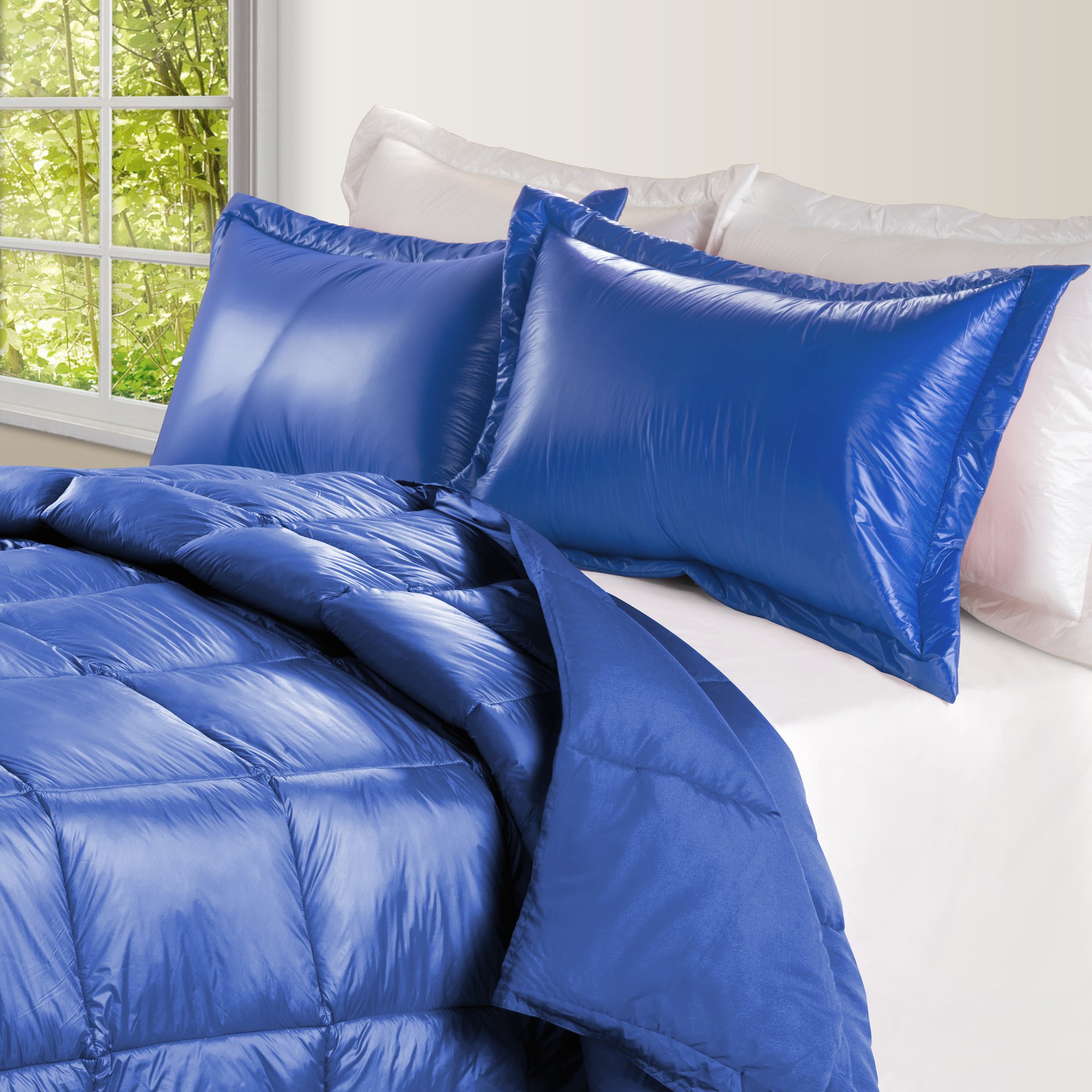 Premium PUFF High Loft Down Comforter - Water Resistant, Hypoallergenic, Extra Strong Nylon Cover - Full/Queen Size Electric Blue - Perfect for Bedroom, Guest Room & All-Season Cozy Comfort