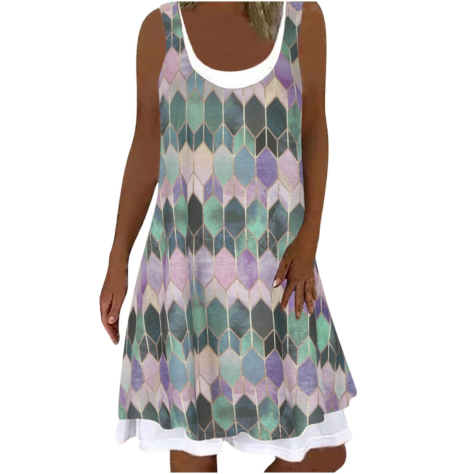 Women's Sexy Summer T-Shirt Dress - Sleeveless Knee-Length Fake Two Piece Suit with Diamond Print | Casual Wedding Guest Outfit & Beach Vacation Dress
