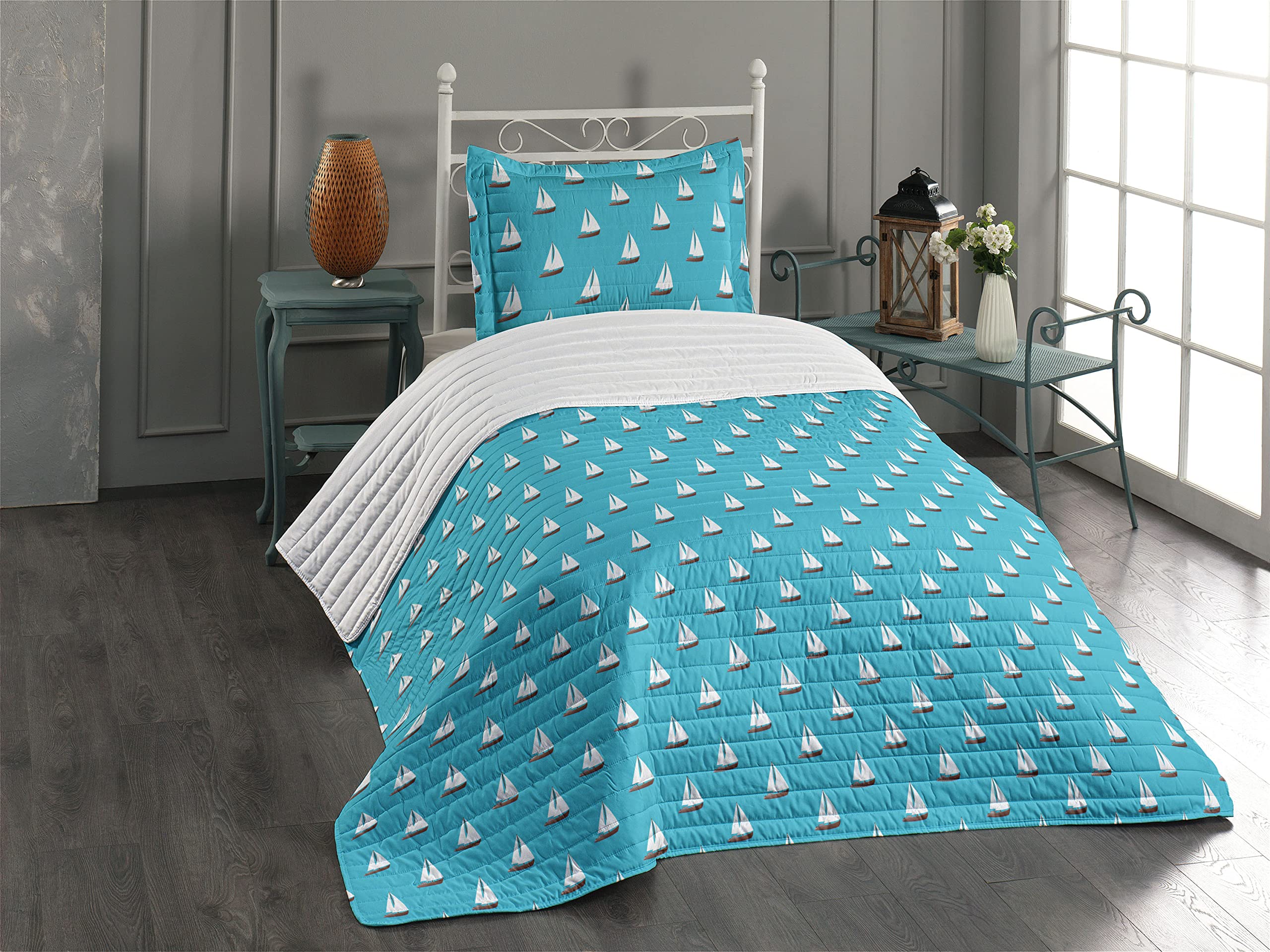 Ambesonne Nautical Microfiber Bedspread Set - Twin Size Blue White Brown Marine Sailing Boat Design | Soft Comforter & Pillow Sham | Perfect for Beach House, Guest Room or Coastal Themed Bedroom Decor