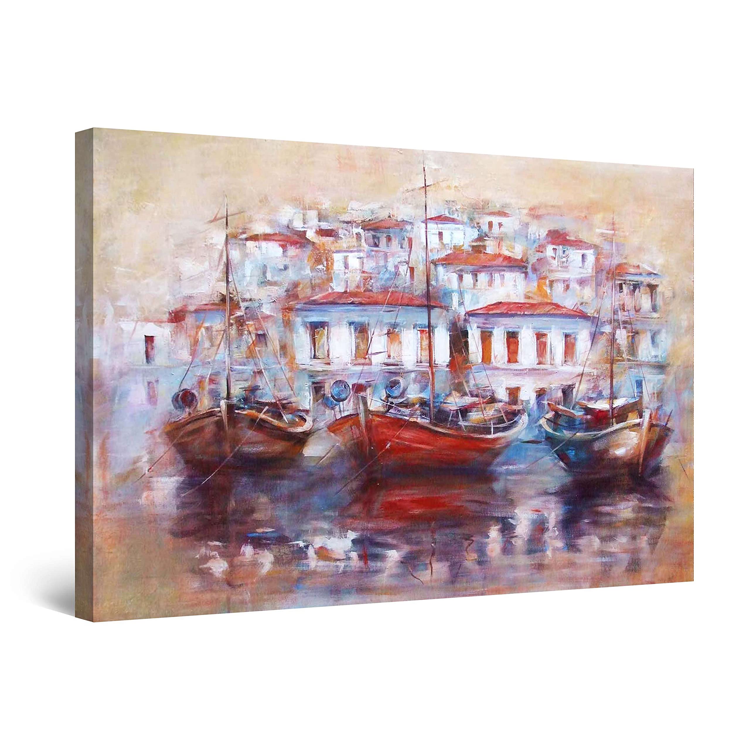 Startonight Abstract Canvas Wall Art - Old Fisherman Harbor in Crete Greece - 24x36 Inch Framed Painting for Living Room, Bedroom & Office Decor
