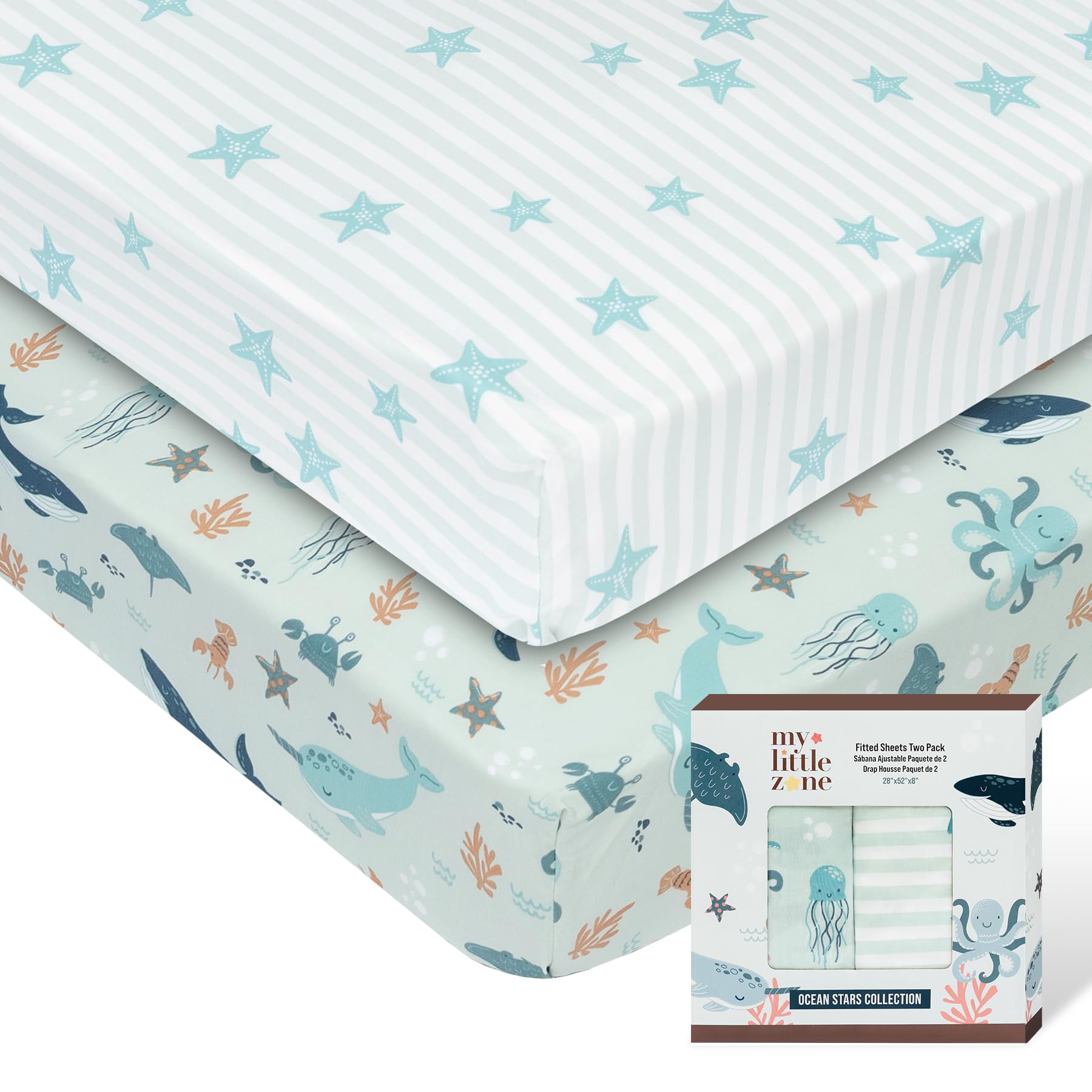 100% Cotton Crib Sheets for Baby Boys and Girls - 2 Pack Nautical Ocean Star Design in Teal & White | Soft Breathable Crib Bedding for Newborns & Toddlers | Perfect for Nursery, Daycare and Baby Shower Gifts