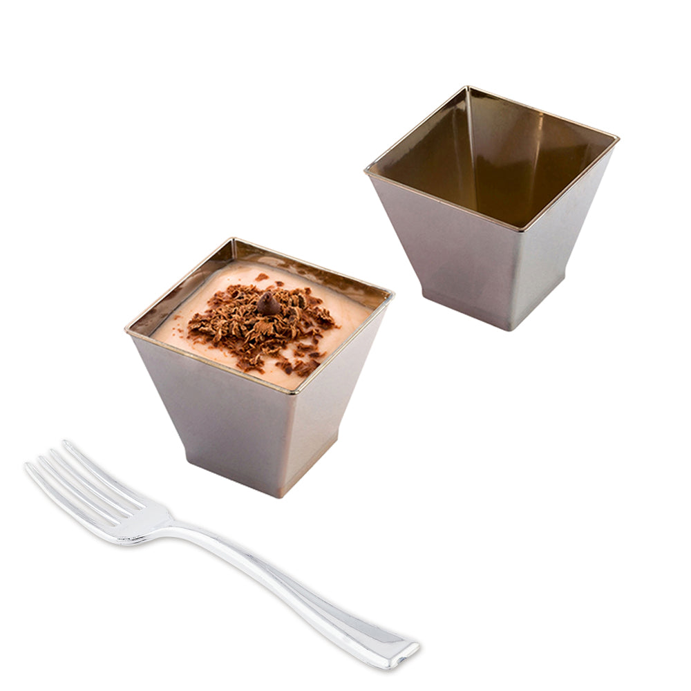 100 Pack 2 oz Square Silver Plastic Mini Kova Cups & 100 Silver Plastic Mini Forks - Perfect for Party Favors, Wedding Decor, and Dessert Serving