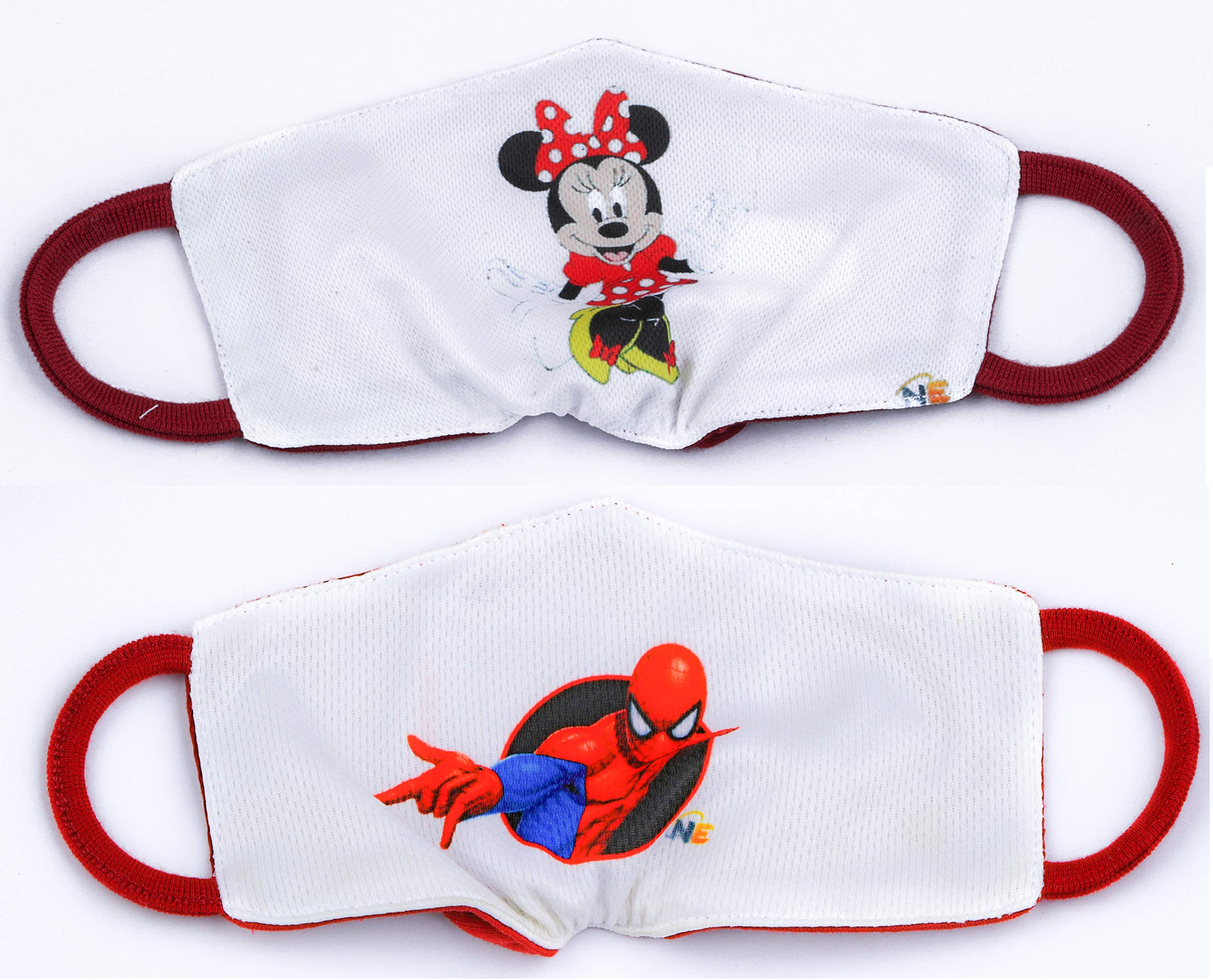 SK ORGANIC Soft Cotton Face Mask for Kids (Pack of 2) - Spiderman & Minnie Mouse Design, 2-Layered Breathable Fabric, Comfortable for Ages 5-9 - Perfect for School, Playdates & Outdoor Activities