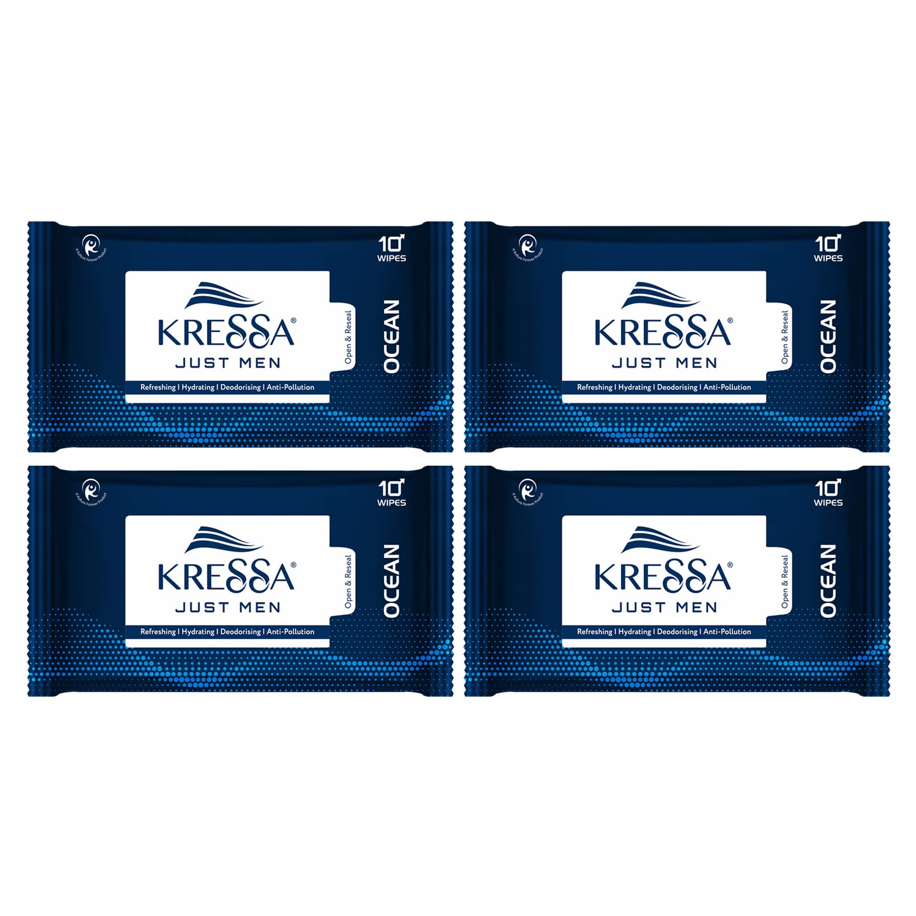 Kressa Men's Face Wipes for Men - Ocean Scented, Refreshing & Anti-Pollution Facial Cleansing Wipes (Pack of 4 x 40 Wipes) - Perfect for Gym, Travel & On-the-Go Skincare