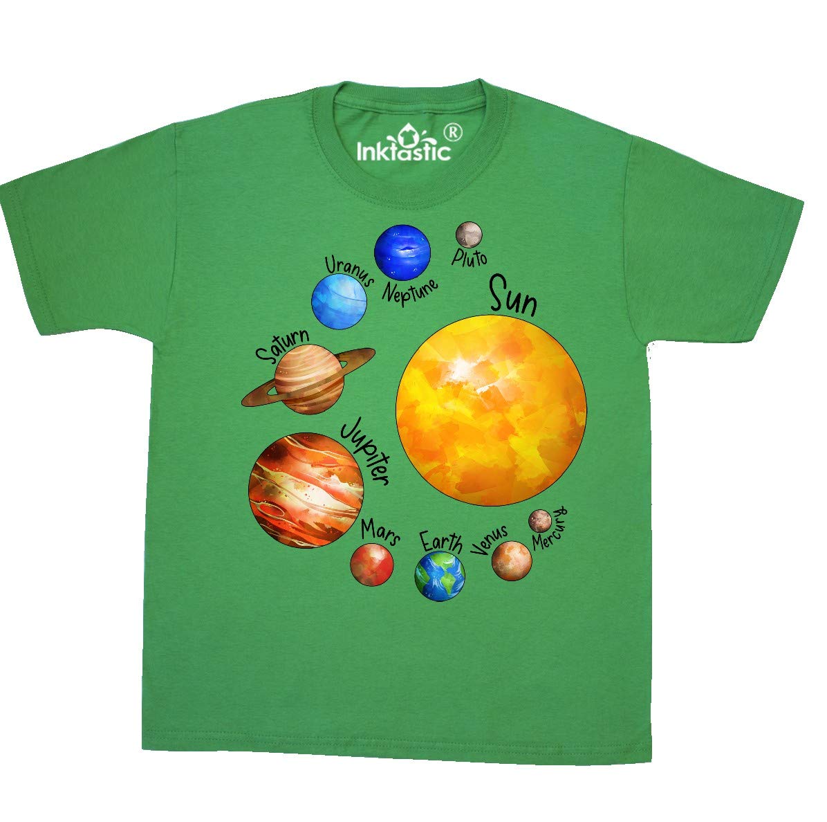 Inktastic Sun and Planets - Yes, and Pluto Youth T-Shirt | Space-Themed Kids Tee for Astronomy Lovers | Perfect for School, Science Fairs & Space Enthusiasts