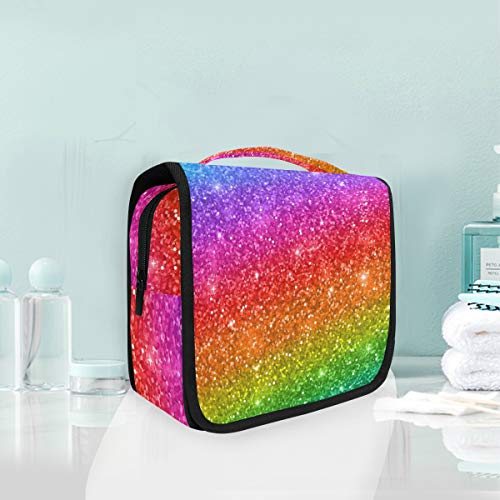 Double Layer Cosmetic Bag - Waterproof Travel Makeup Organizer with Brush Holder, Rainbow Glitter Toiletry Pouch for Women & Girls | Perfect for Travel, Gym, and Daily Beauty Essentials