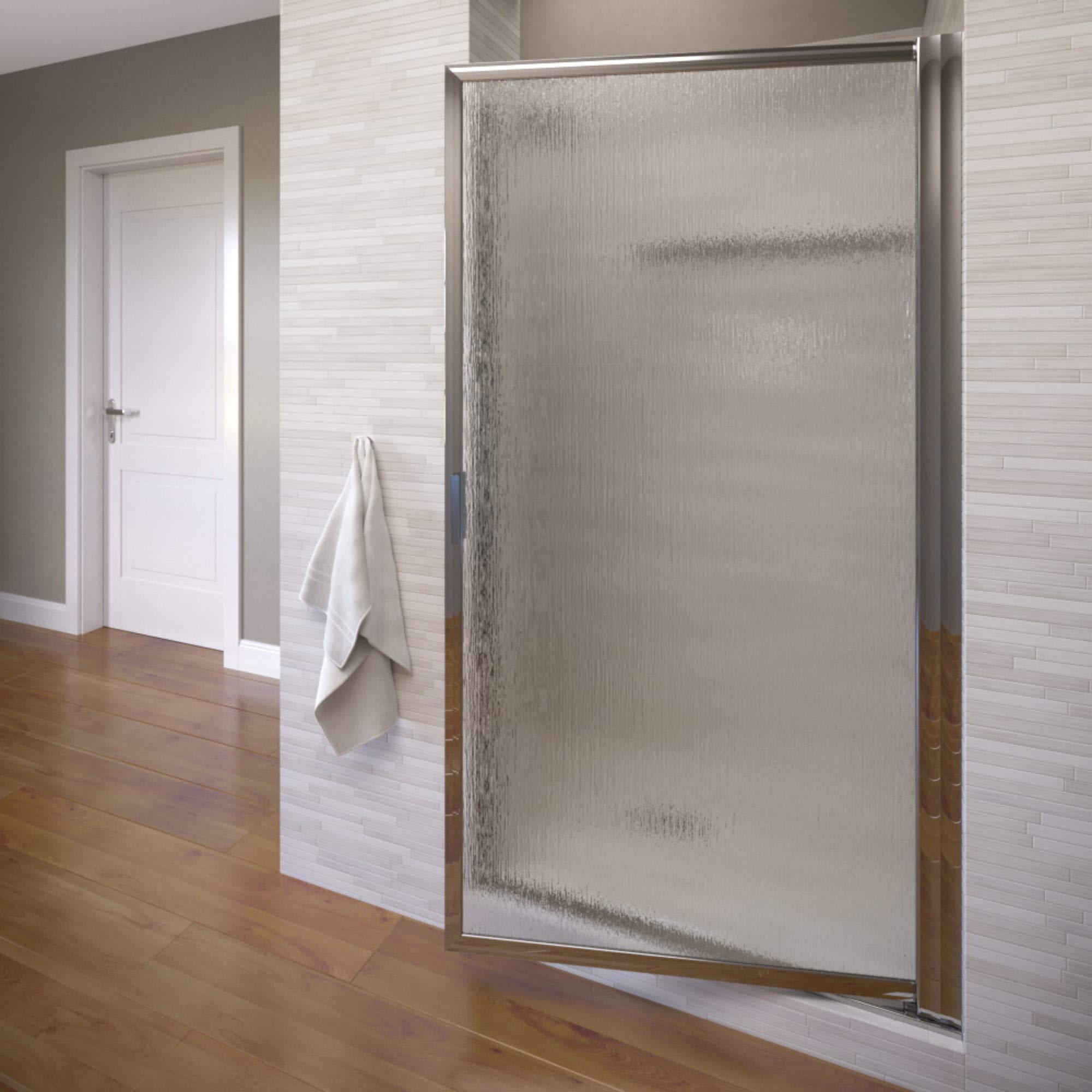 Basco Deluxe 35.125-36.875 Inch Frameless Glass Shower Door - Rain Glass Texture with Silver Finish for Modern Bathroom & Spa Style