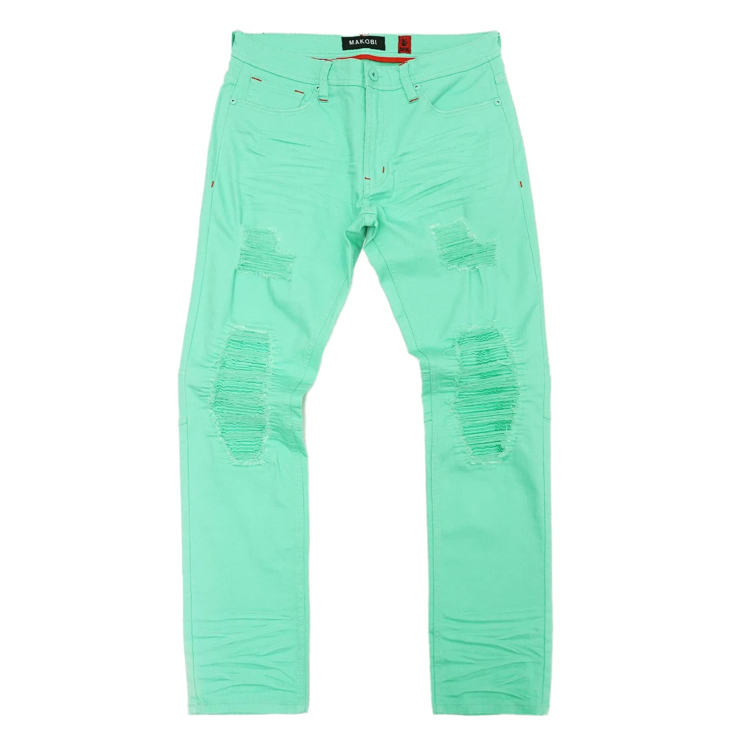 Makobi Men's Green Twill Jeans - Slim Fit Stretch Denim Pants 30x32 for Casual Wear & Outdoor Activities