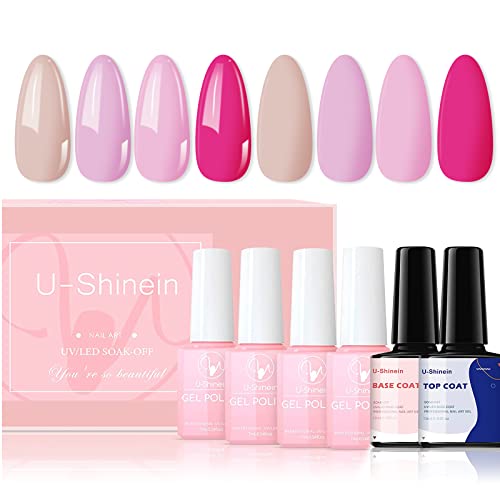 U-Shinein 6 PCS Pink Nude Rose Gel Nail Polish Kit with Base & Top Coat - Long Lasting Soak Off UV LED Nail Gel for DIY Manicure & Nail Art | Perfect for Home Salon, Parties & Special Occasions