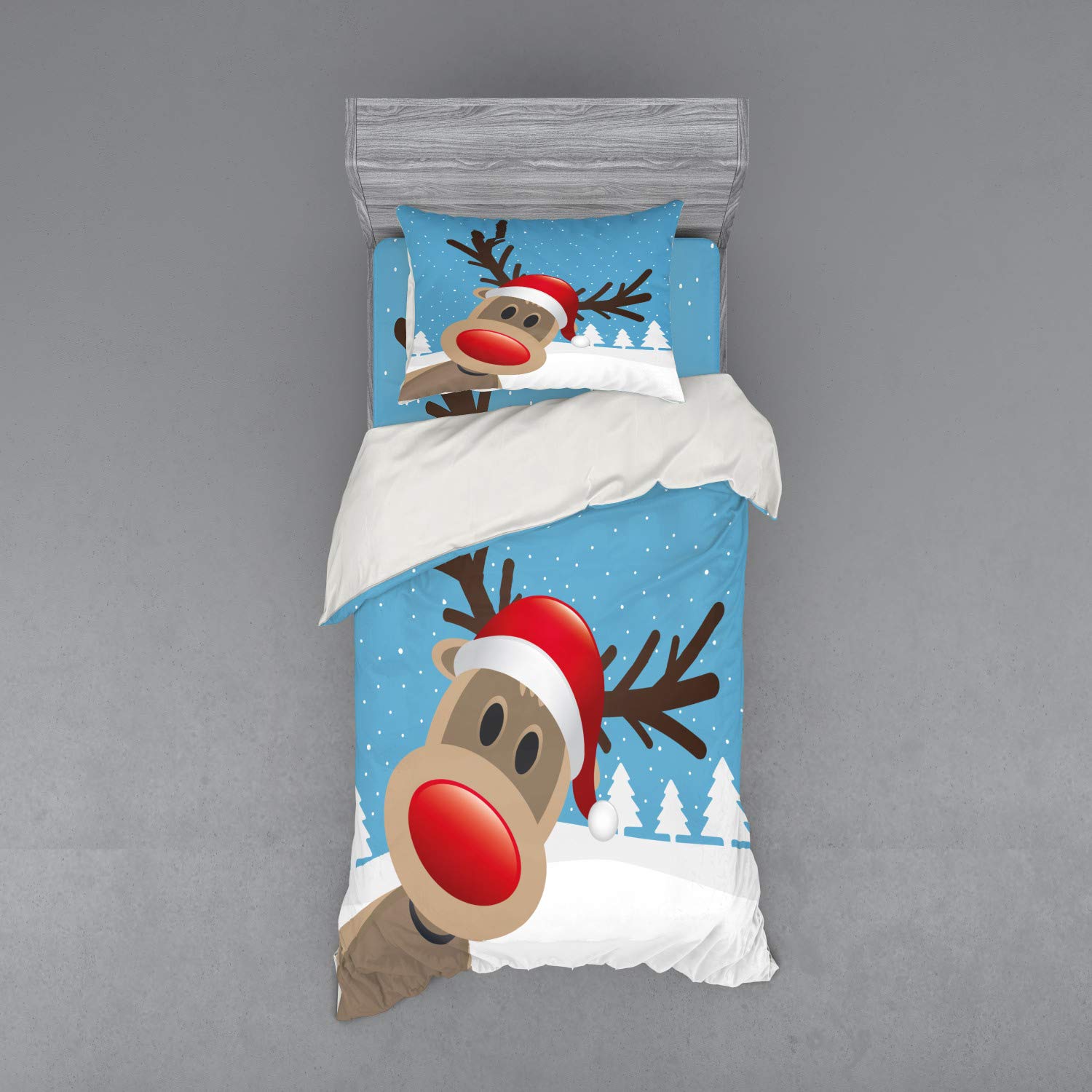 Ambesonne Christmas Bedding Set - Reindeer Rudolph with Red Nose & Santa Hat Snowy Forest Print - 3 Piece Duvet Cover Set with Sham & Fitted Sheet - Twin Size in Pale Blue, Red & Brown - Perfect for Holiday Decor & Cozy Winter Bedrooms