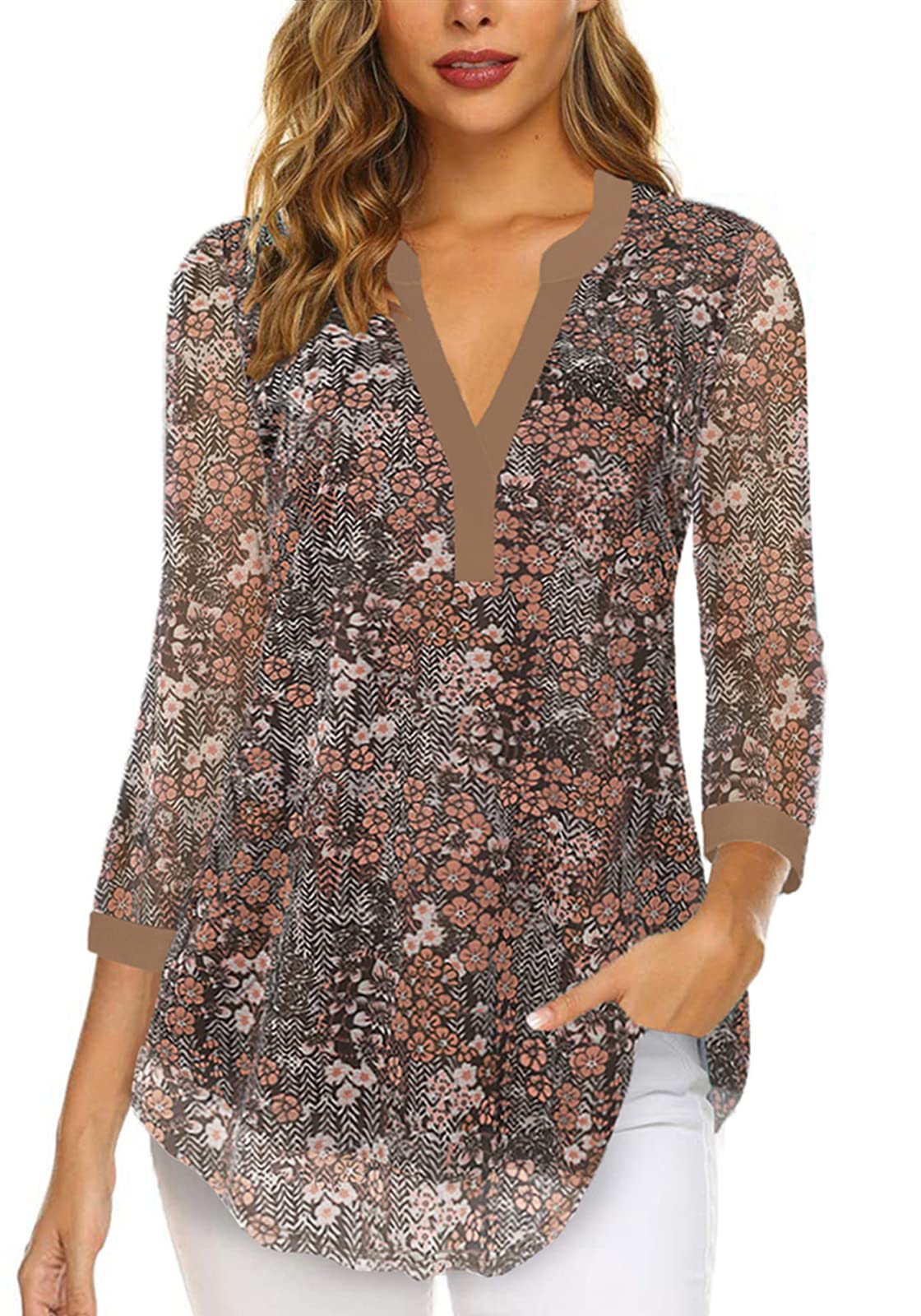 Supnier Women's 3/4 Sleeve V-Neck Floral Print Mesh Blouse - Loose Fit Tunic Top for Casual Wear, Office & Date Night Outfits