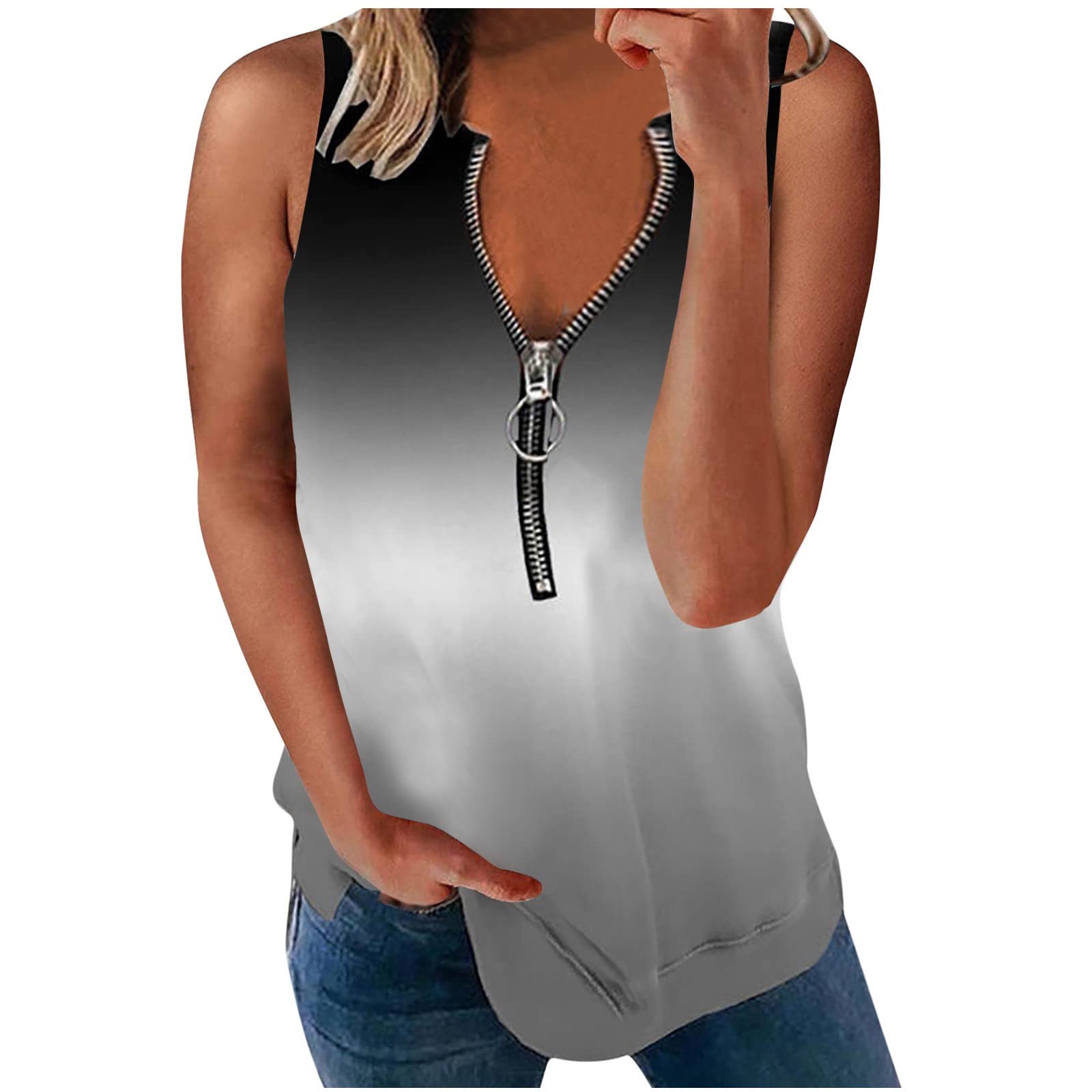 Plus Size Women's Summer Sleeveless V-Neck Blouse - Gradient Print Casual Tank Top Tee Shirt | Perfect for Beach Outings, Vacation Wear & Everyday Comfort