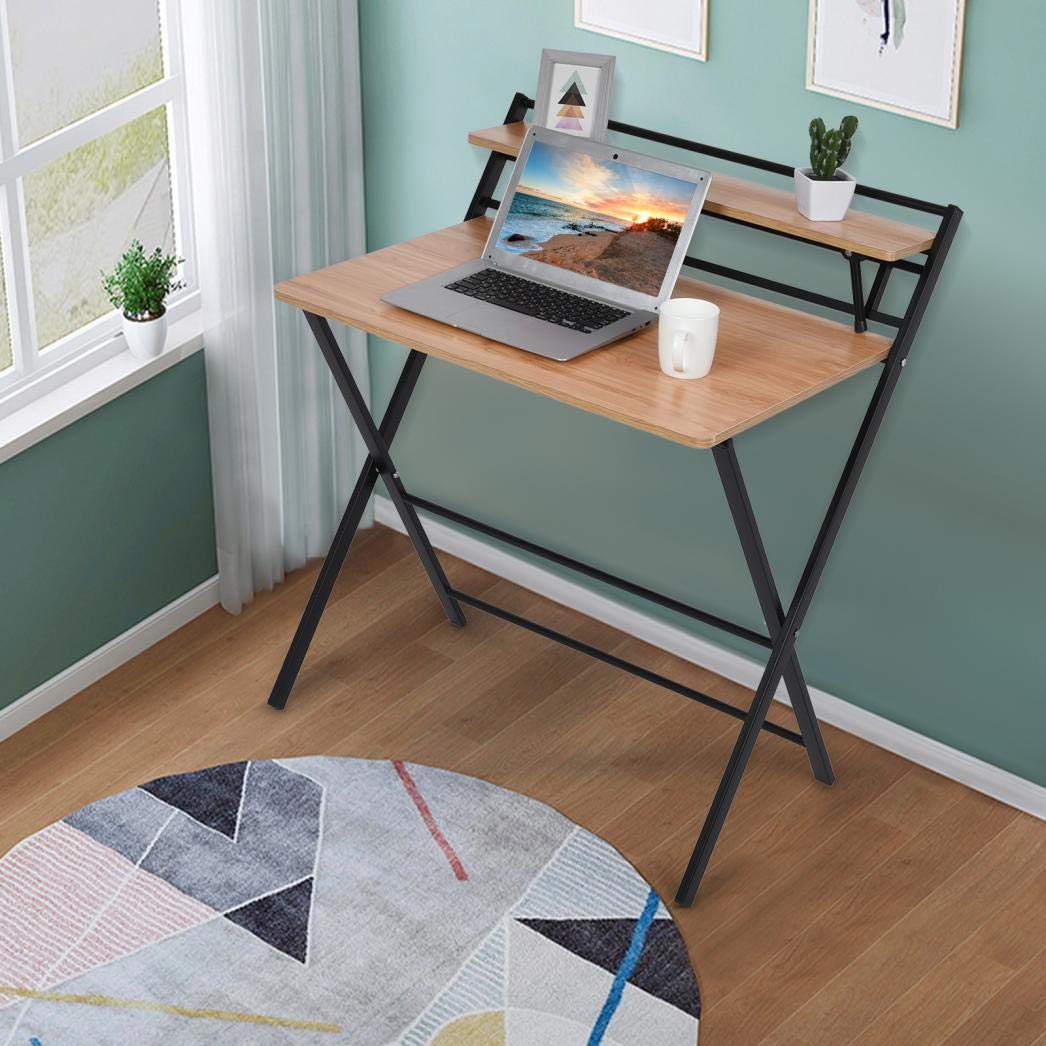 Soloven Small Computer Desk - Foldable 2-Tier Writing Desk with Storage Shelf, White Portable Study Table (No Assembly Required) - Perfect for Home Office, Dorm Room & Small Spaces - Fast Shipping