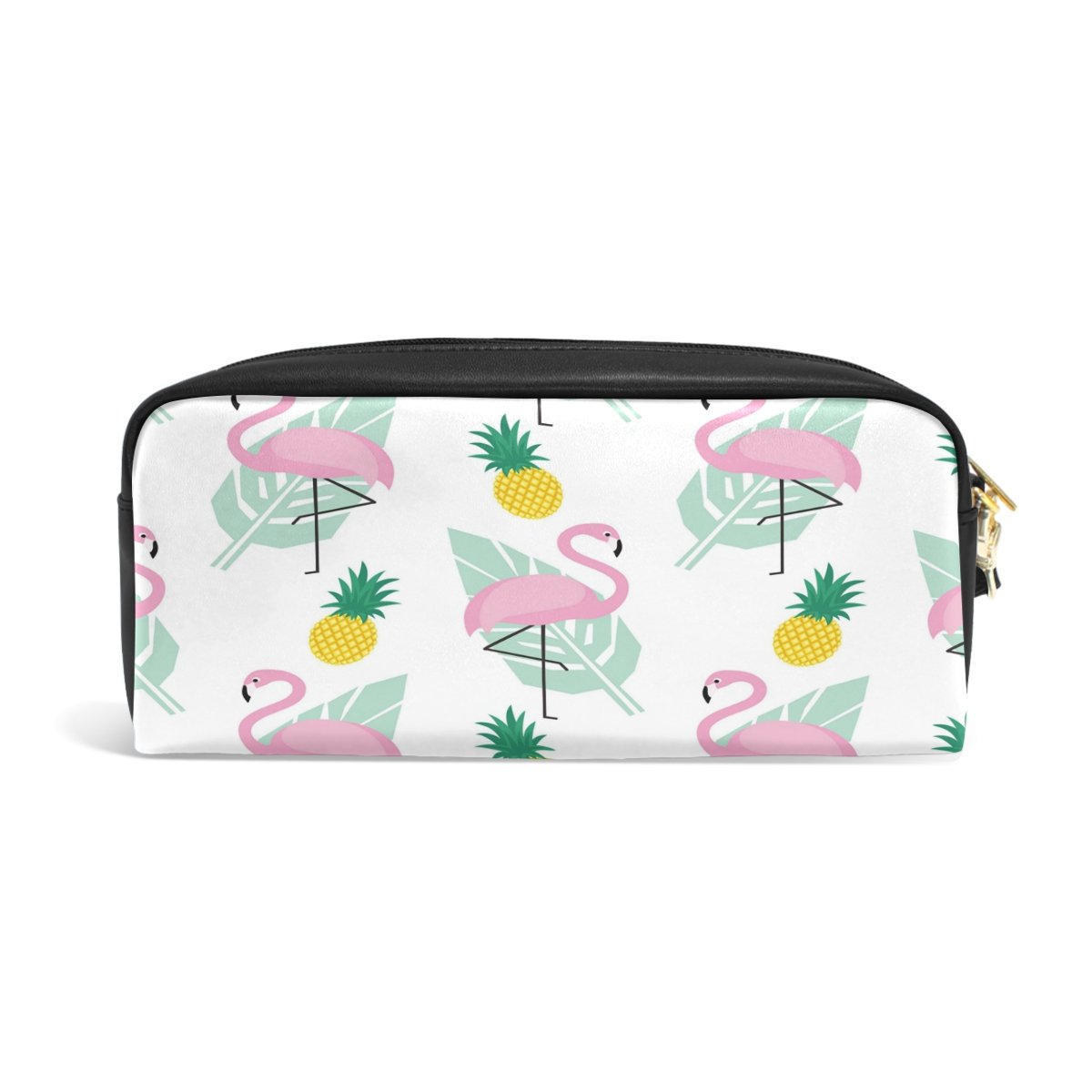 ALAZA Tropical Flamingo Pineapple Leaf PU Leather Pencil Case - Cute Makeup Pouch for School, Travel & Office Supplies | Waterproof Cosmetic Bag Organizer