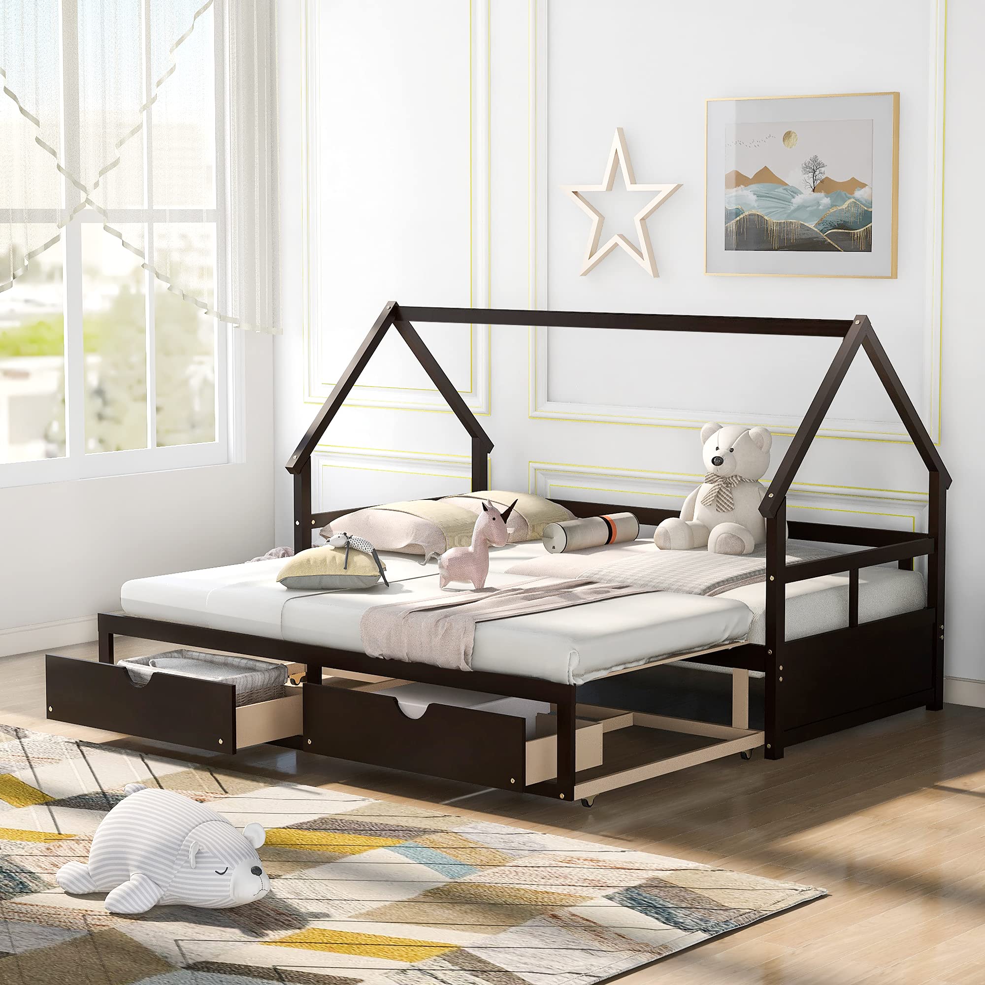 Wooden Daybed with Trundle & 2 Storage Drawers - Twin to King Size Convertible House Bed for Kids & Teens, No Box Spring Needed (Espresso) - Perfect for Guest Rooms, Dormitories & Small Spaces
