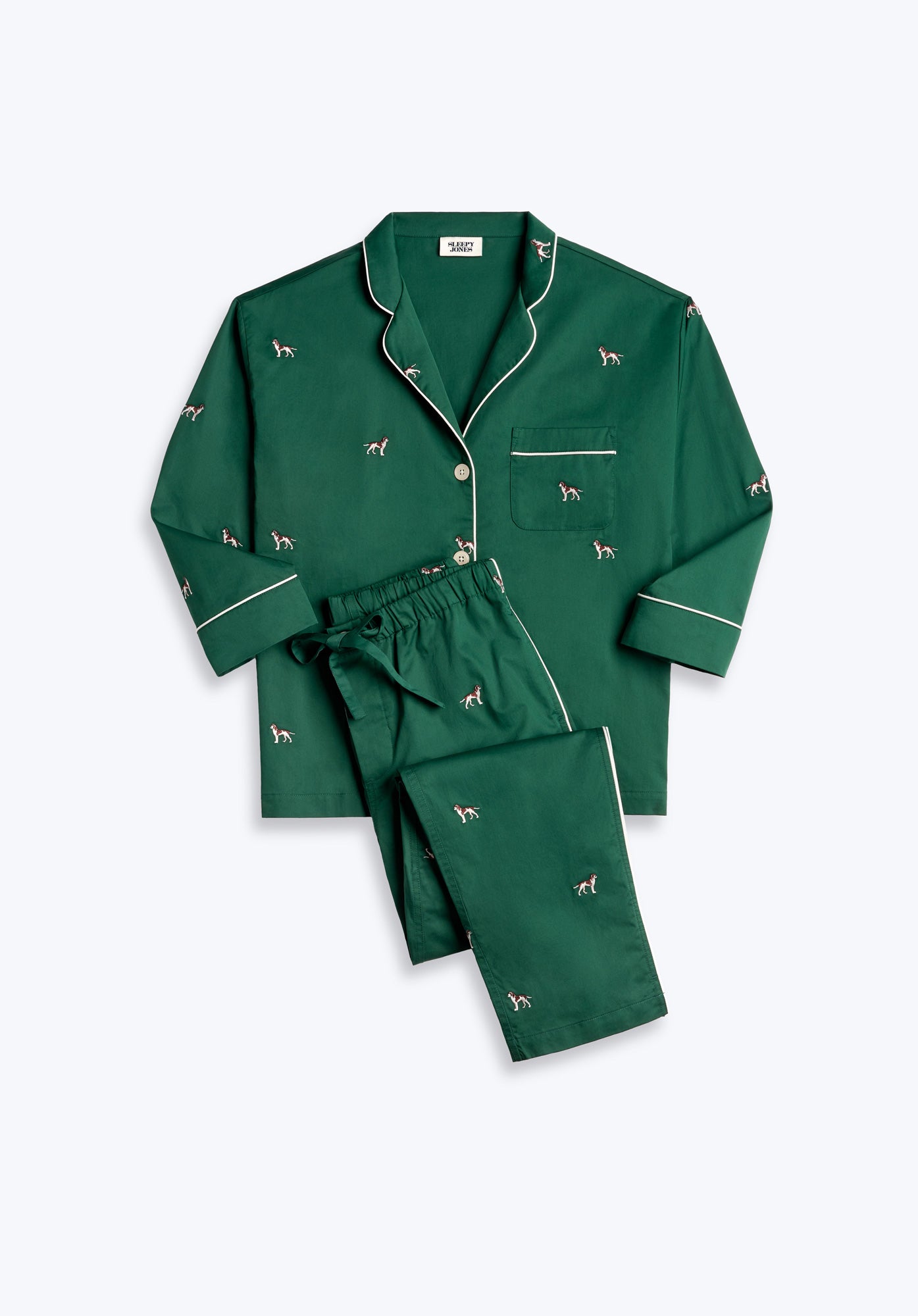 Embroidered Hounds Print Women's Pajama Set - Soft Cotton Sleepwear for Women, Lounge & Sleep Comfort - Perfect for Bedtime, Relaxing at Home & Gift Giving