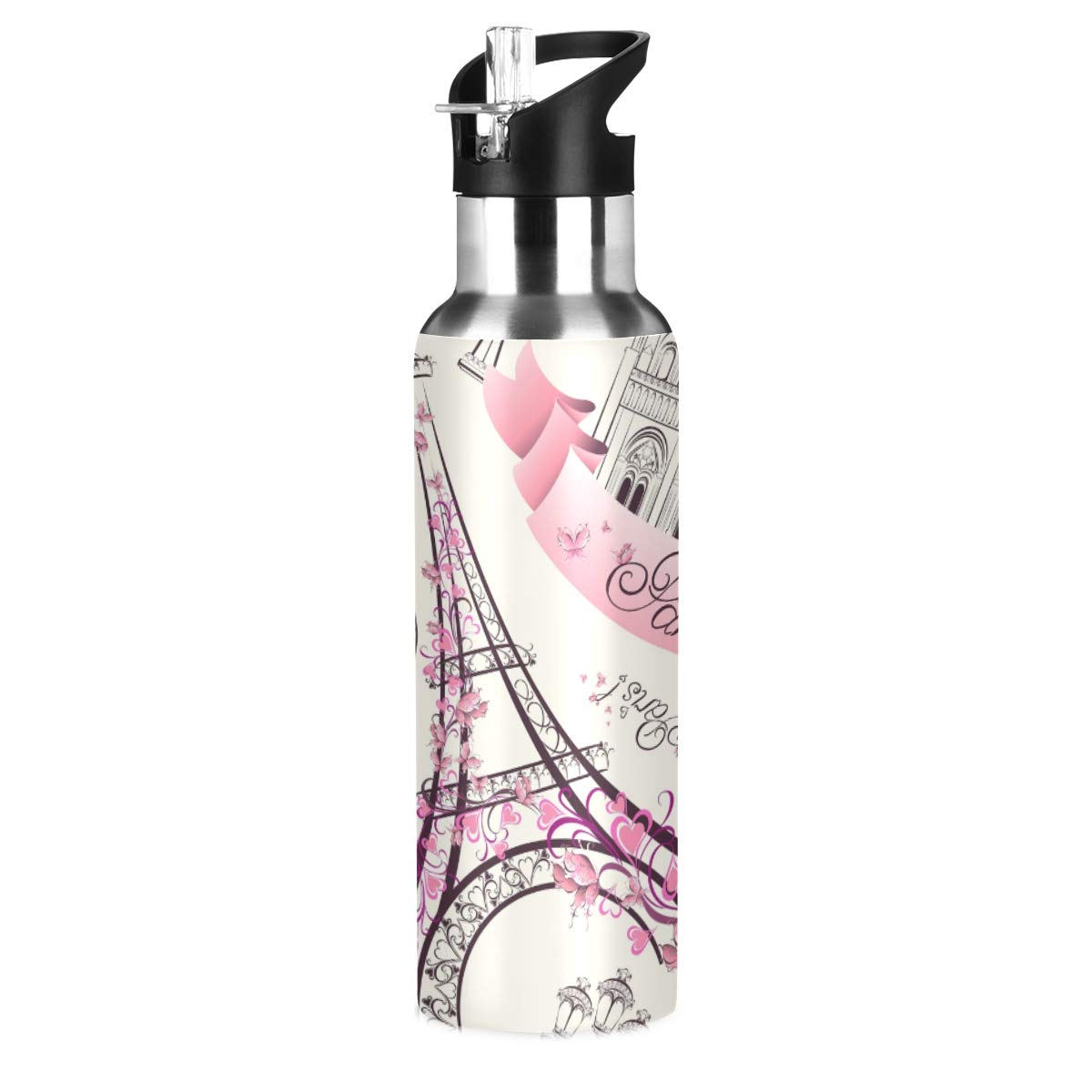 ALAZA Stainless Steel Vacuum Insulated Water Bottle with Straw, Retro Eiffel Tower Design, Perfect for Outdoor, Gym, and Office Use