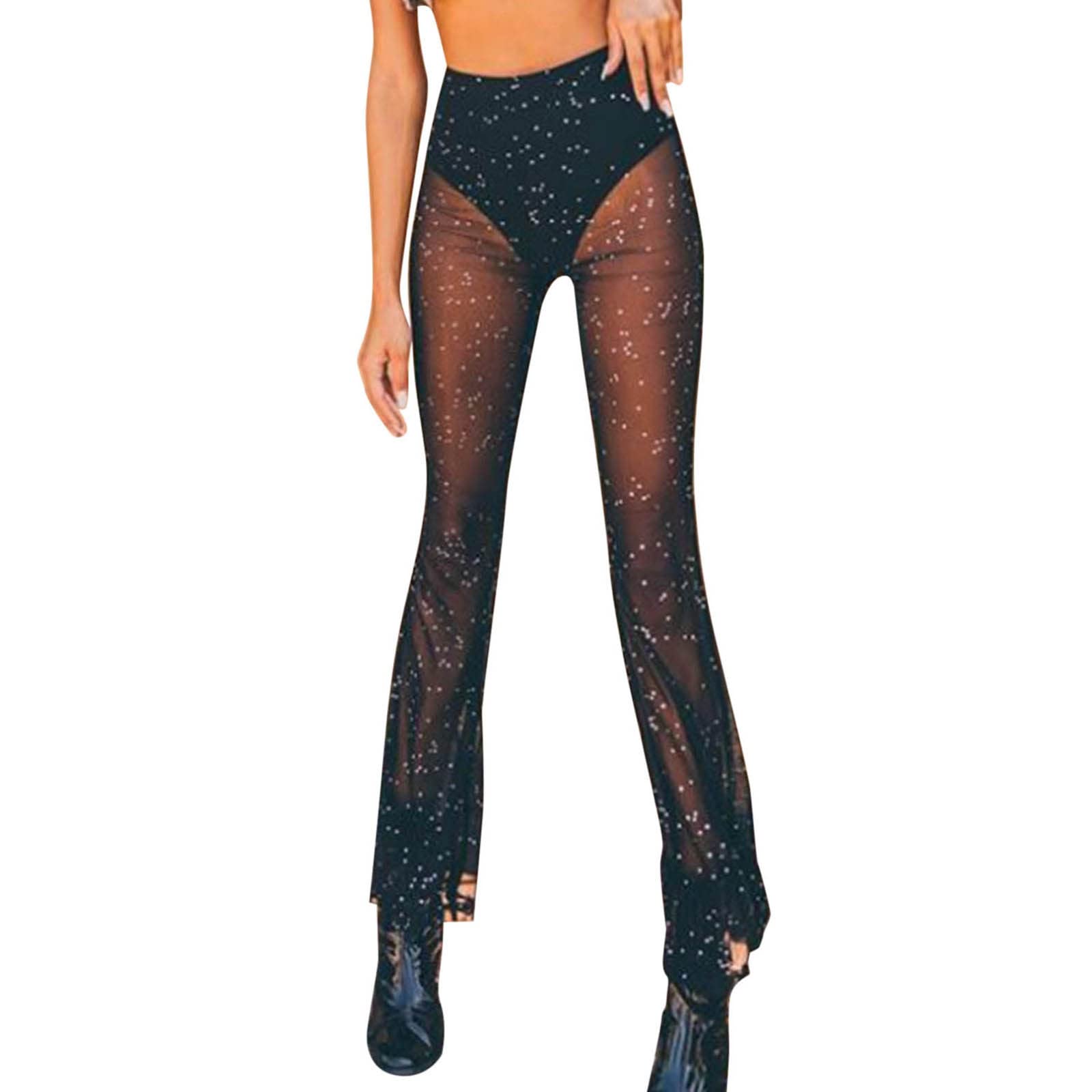 Sexy High Waist See-Through Mesh Flare Pants for Women - Long Stretchy Plus Size & Petite Ski Pants - Perfect for Winter Sports, Nightclub Outfits and Fashion Streetwear