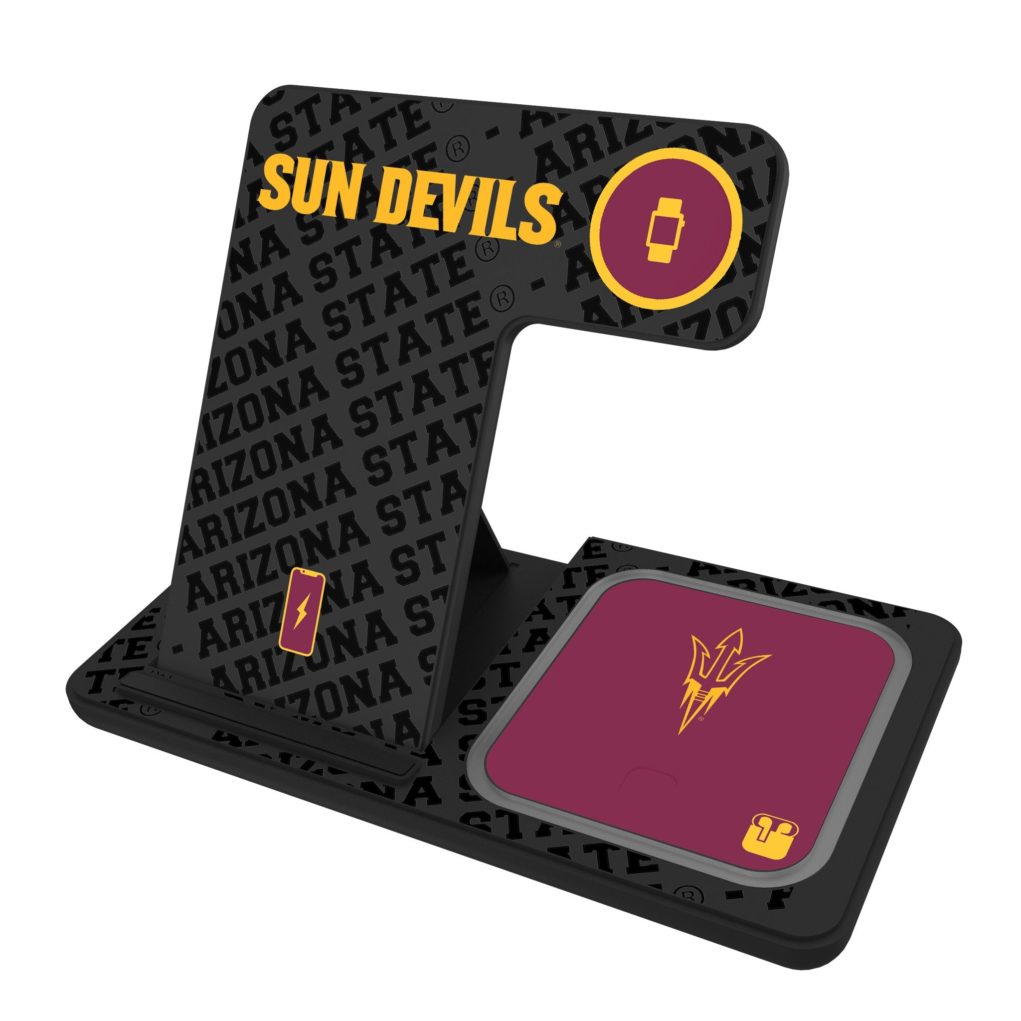 Arizona State University Sun Devils 3-in-1 Wireless Charging Station with Monocolor Tilt Design - Perfect for Home, Office & Dorm Room Organization