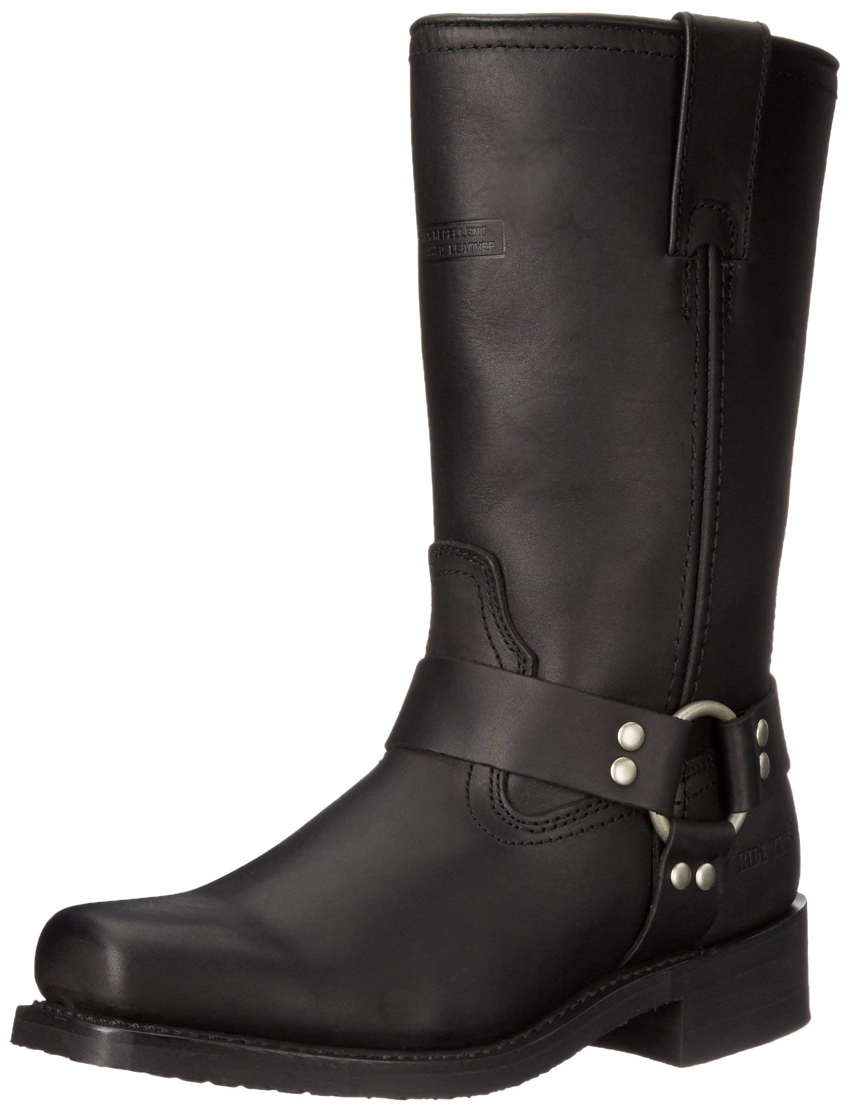 Ad Tec Women's 12-Inch Harness Motorcycle Boots - Black Genuine Leather Riding Boots with Square Soft Toe, Oil-Resistant Neoprene Sole & Heel - Perfect for Biker Chicks, Motorcycle Rides & Outdoor Adventures