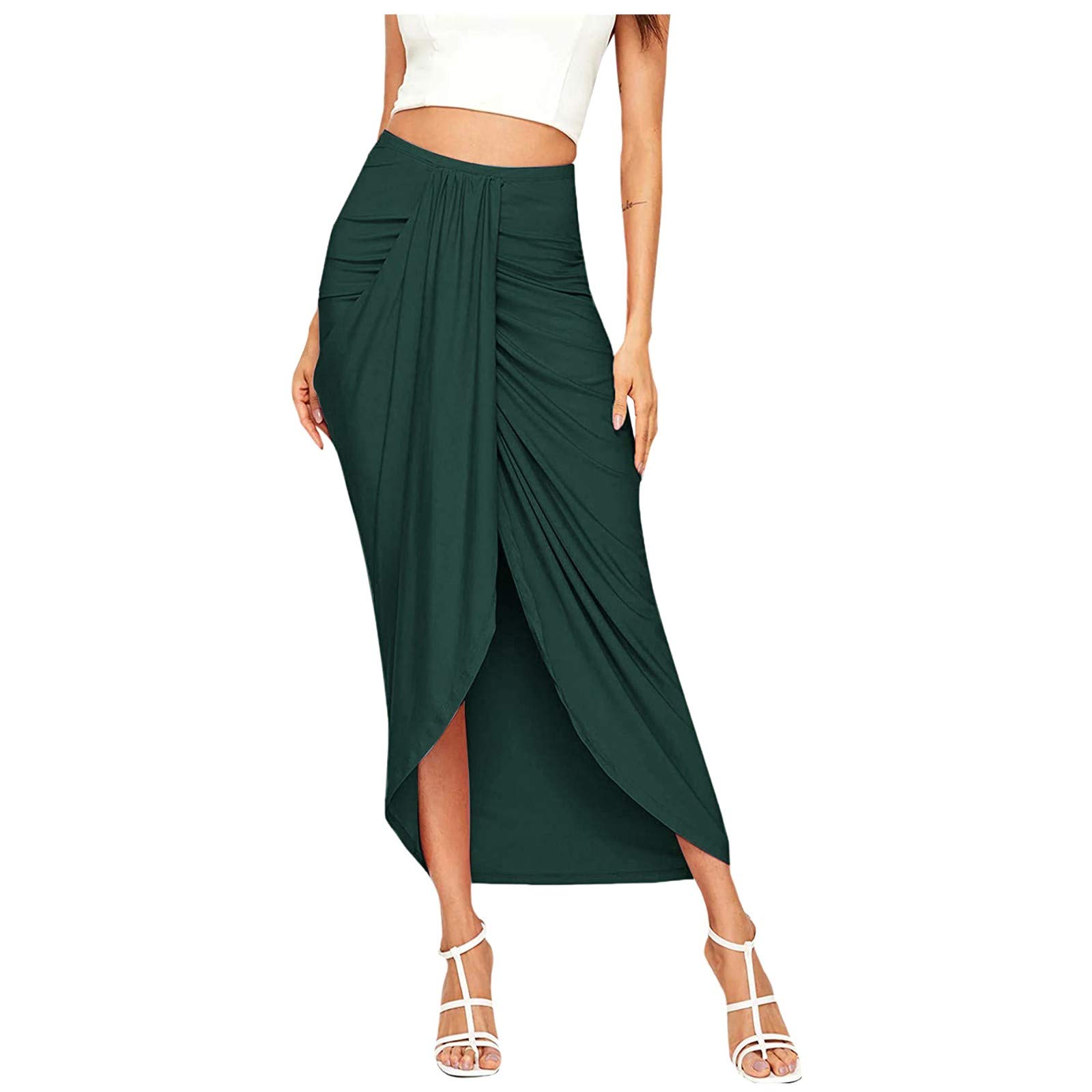 Women's High Waist Wrap Maxi Skirt with Side Slit - Stretchy Elastic Waistband, Asymmetrical Hem, Plus Size Casual Skirt for Summer, Beach, Date Night & Office Wear