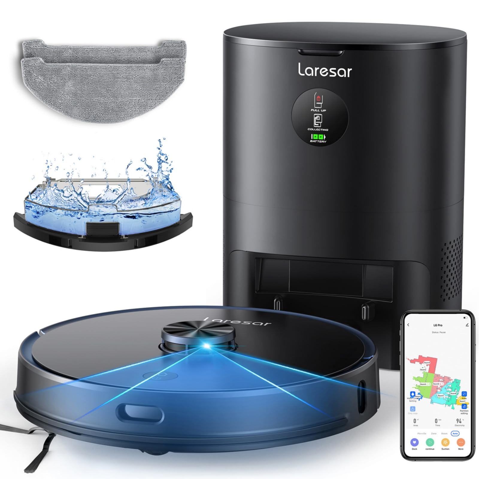 Laresar L6 Pro Robot Vacuum and Mop Combo - 3-in-1 Self-Emptying Robotic Vacuum Cleaner with 3.5L Dustbin, LiDAR Navigation & Smart App Control - Ideal for Pet Hair, Hard Floors & Carpets - Perfect for Home Cleaning & Pet Owners