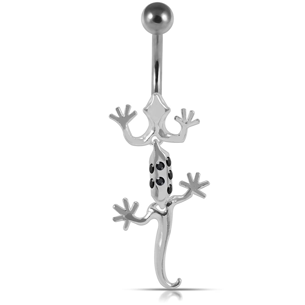 Stylish Jeweled Dangling Gecko Silver Belly Ring Body Jewelry for Women - Perfect for Piercing, Parties & Beach Outfits