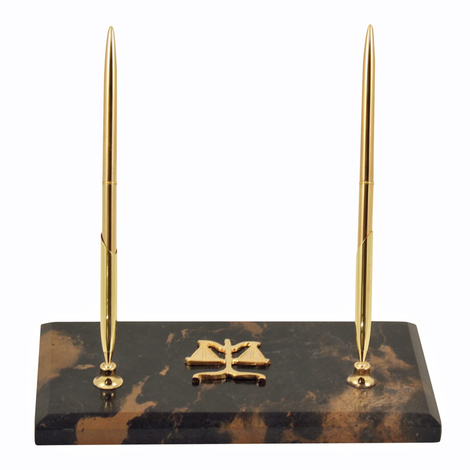 Tiger Eye Marble Double Pen Holder - Elegant Legal Scales of Justice Design Pen Stand for Office, Lawyer Desk & Home Decor