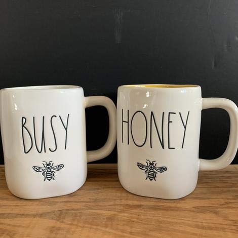Rae Dunn BUSY Bee and HONEY Bee Ceramic Mug Set of 2 - Rare Collectible Coffee Cups for Tea Lovers - Perfect for Home, Office, or Gift Giving