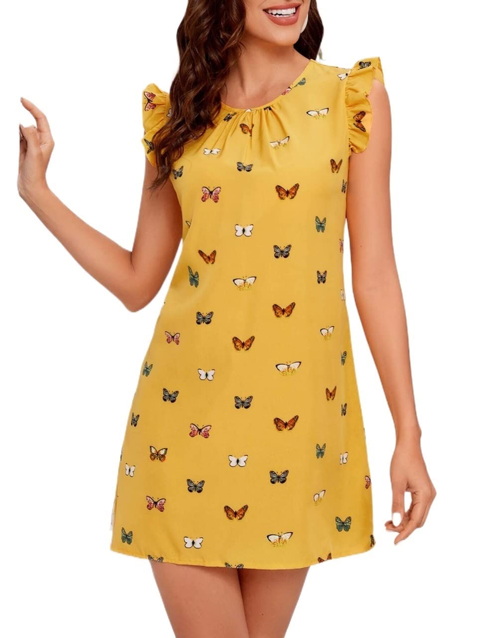 2023 Women's Summer Maxi Dress with Butterfly Print & Ruffle Armhole - Flowy Beach Dress for Vacations, Parties & Casual Outings