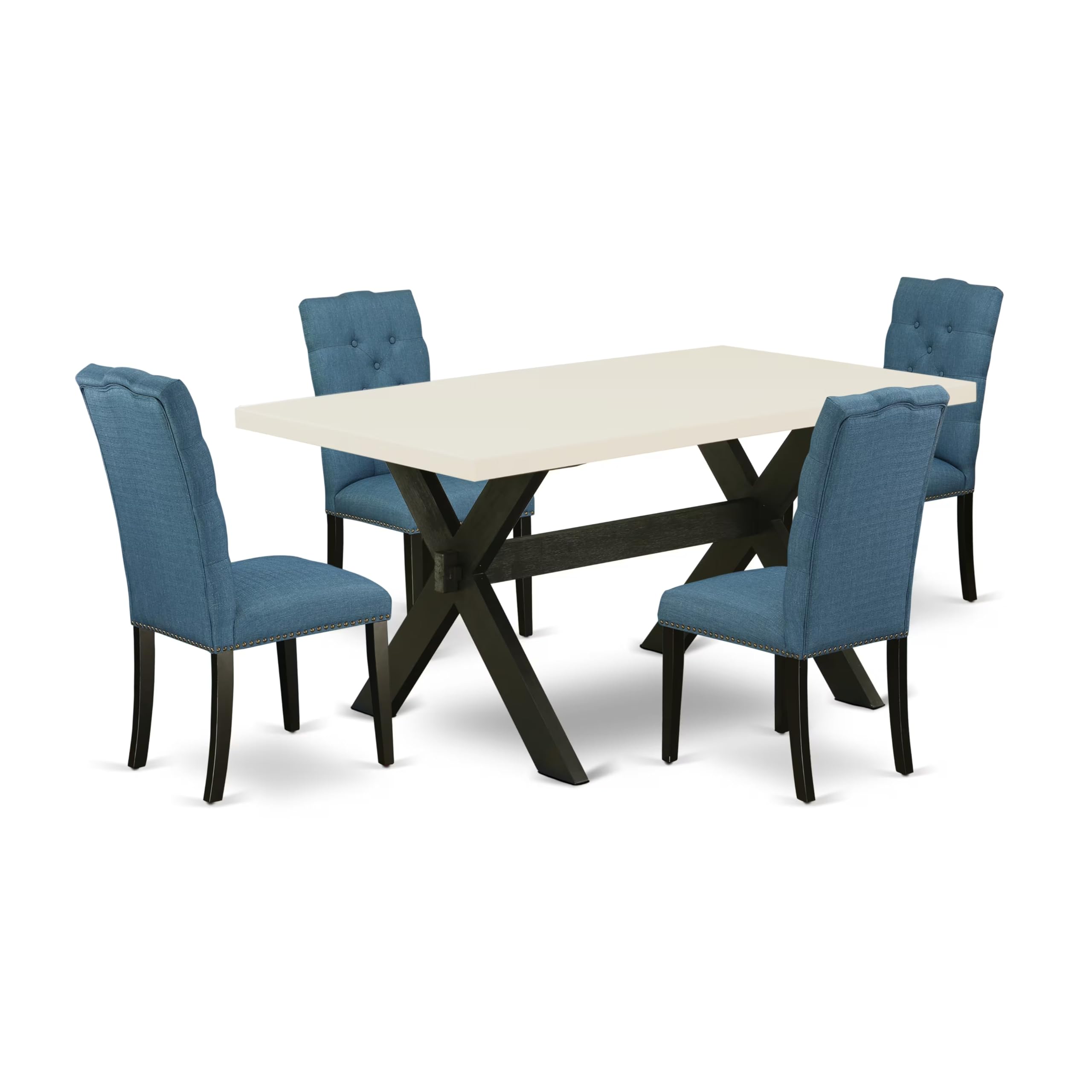 East West Furniture 5-Piece Kitchen Table Set - 36x60 Inch Rectangle Dining Table with X-Legs & 4 Blue Fabric Chairs | Modern 4-Seater Dining Room Furniture for Small Spaces | Perfect for Breakfast Nooks, Apartments, and Cozy Family Meals