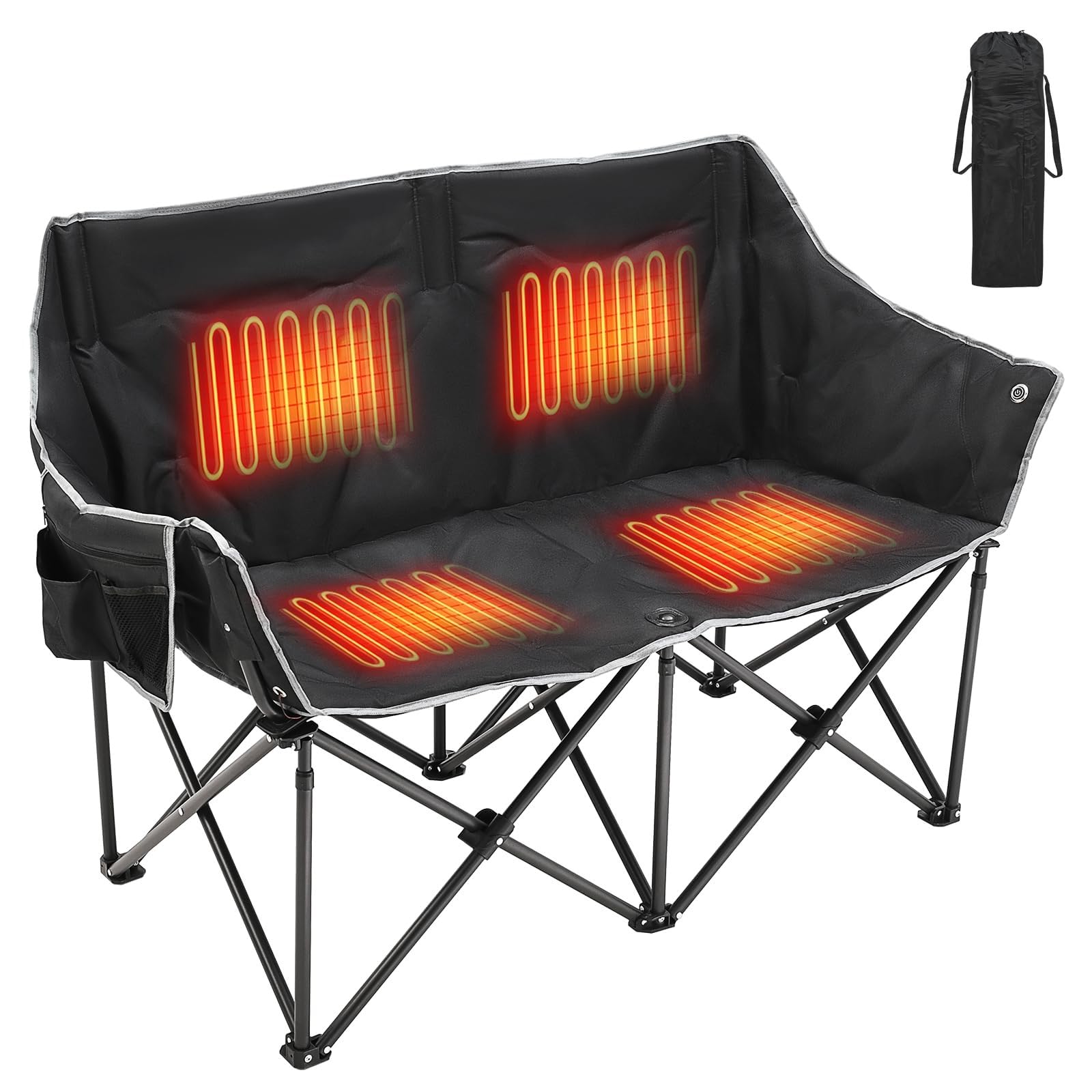 SLSY Oversized Heated 2-Person Camping Chair - Double Folding Loveseat with Padded Seat & Carry Bag - Perfect for Outdoor Camping, Picnics, Beach, Backyard & Tailgating