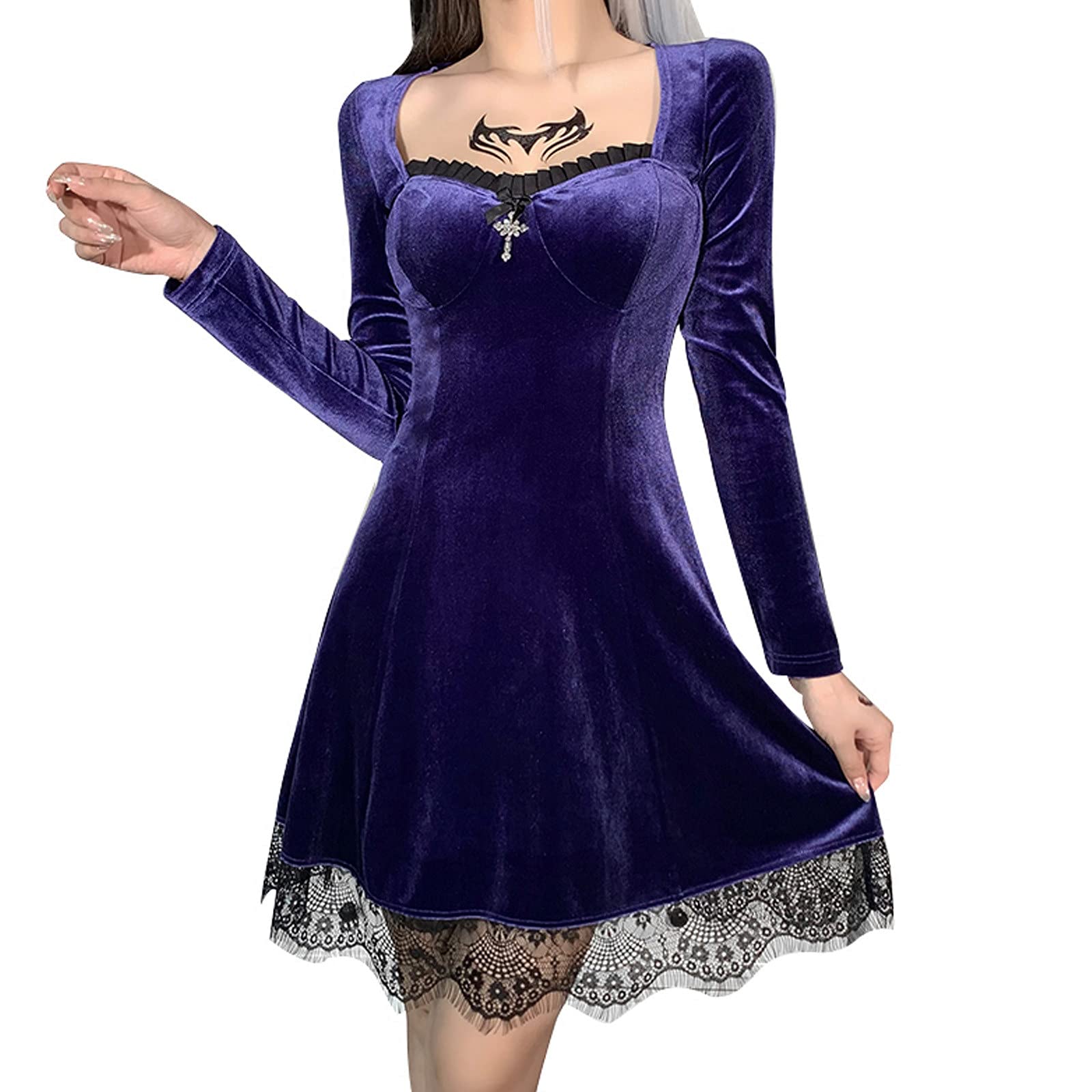 Sexy Black Long Sleeve Lace Gothic Dress for Women - Punk Party Fashion with Elegant Spliced Design | Perfect for Nightclubs, Halloween Costumes & Gothic Weddings