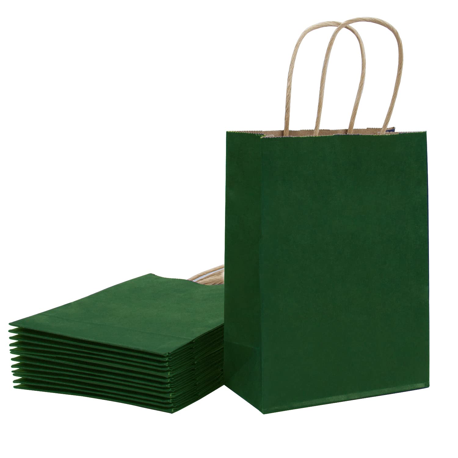 Biobrown 25-Pack Green Gift Bags with Handles - 8x4.25x10.5 Inch Kraft Paper Party Favor Bags for Birthday, Wedding, Baby Shower & Holiday Gifts - Eco-Friendly Bulk Packaging for Events & Retail