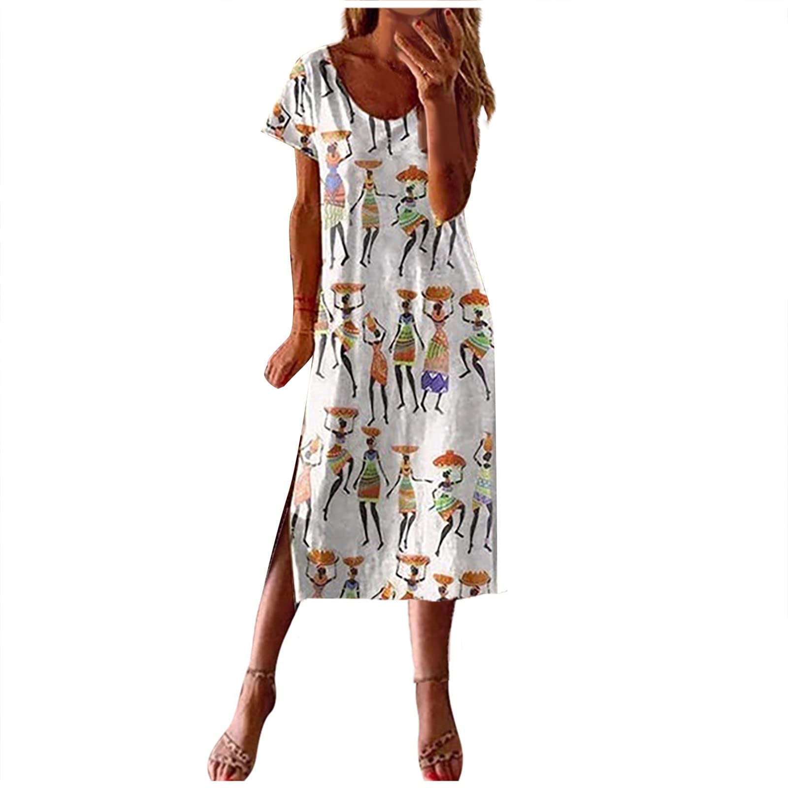 Women's Floral Print Summer Dress - Short Sleeve Crewneck Midi Sundress with Side Slit | Retro Beach Style for Vacation, Date Night & Outdoor Parties