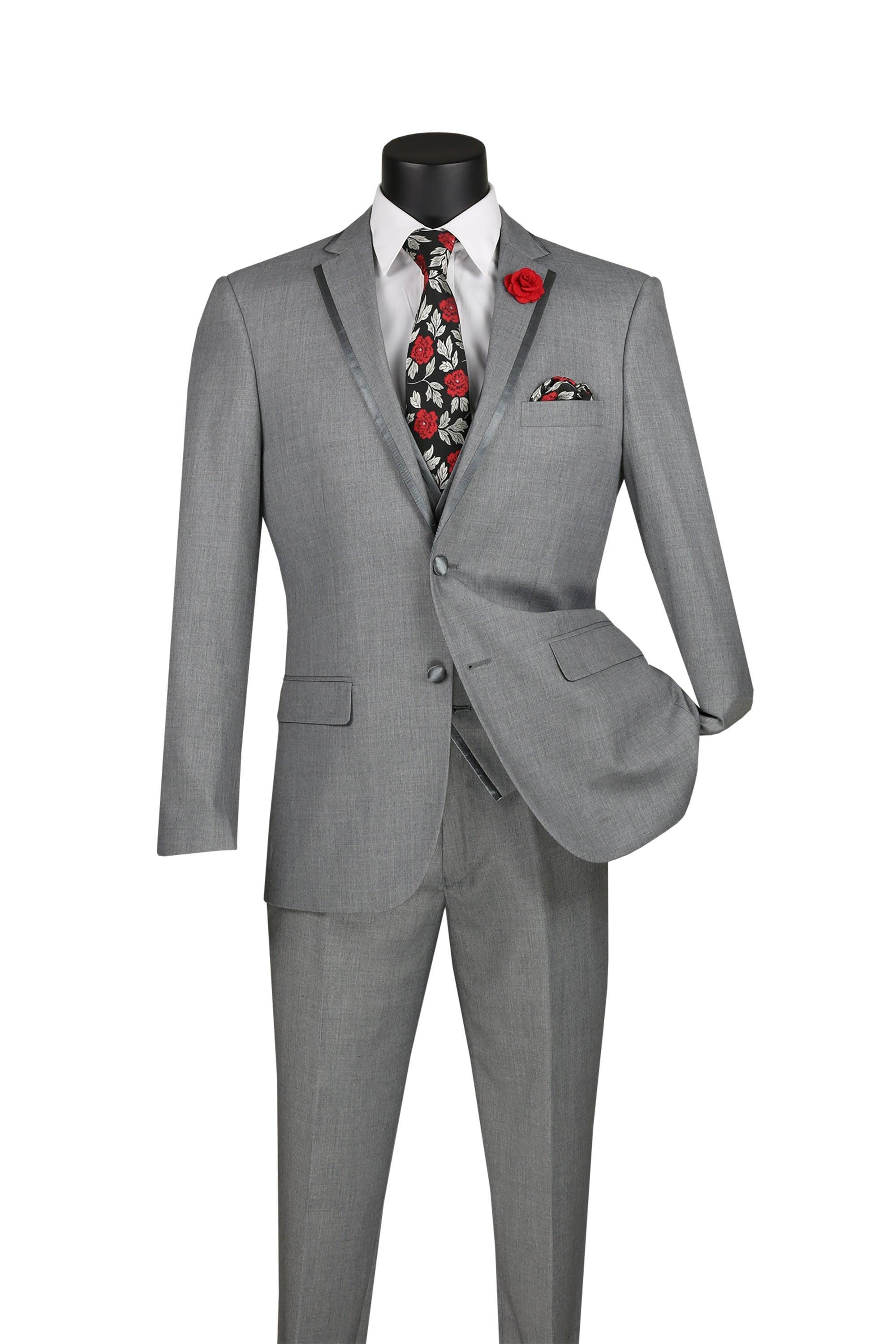 Light Gray Trimmed Lapel Slim Fit 3 Piece Suit for Men | Formal Business Attire | Wedding & Office Wear | Premium Tailored Suit Collection