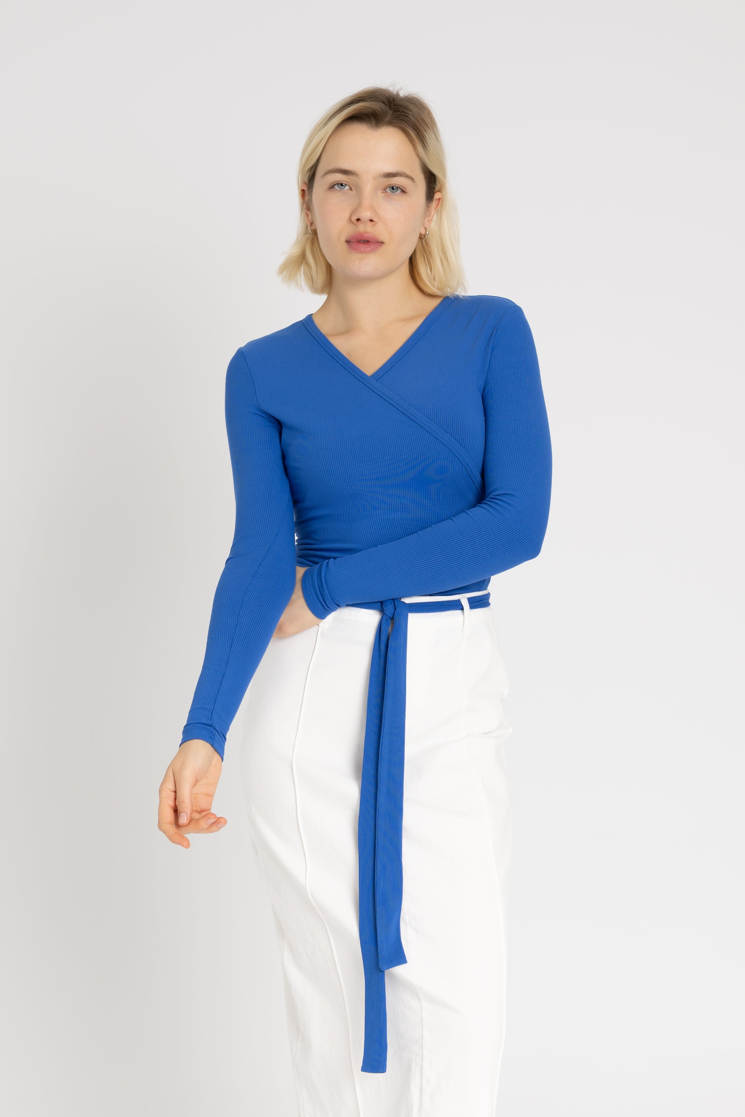 Cobalt Blue Wrap Tee for Women - Soft Stretchy V-Neck T-Shirt - Casual & Work Outfits - Perfect for Everyday Wear, Office, and Date Nights