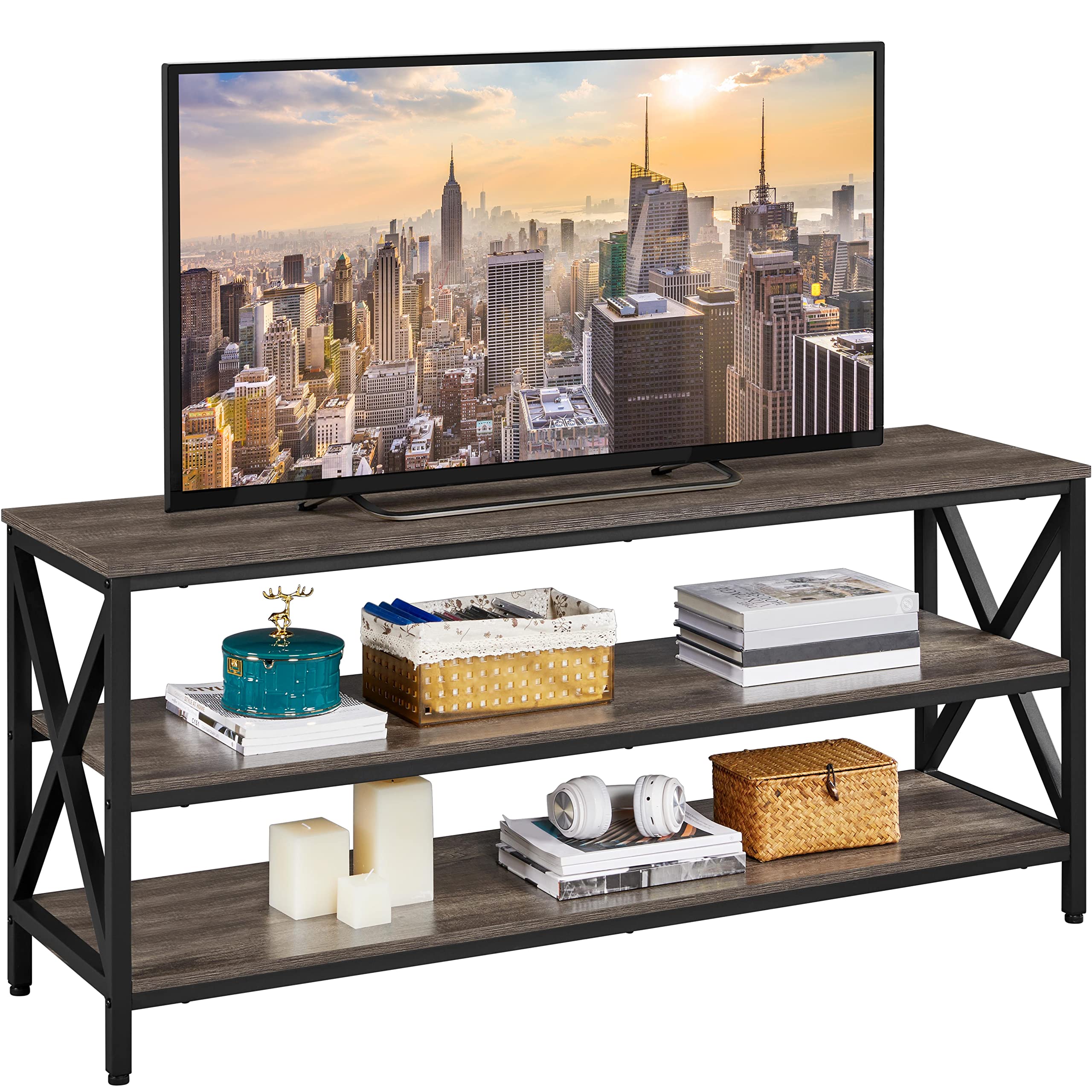 Yaheetech 65 Inch TV Stand - Industrial Metal Entertainment Center with 3 Shelves & Storage, X-Designed Taupe Wood Console Table for Living Room - Perfect for Flat Screen TVs, Gaming Consoles & Home Theater Setup