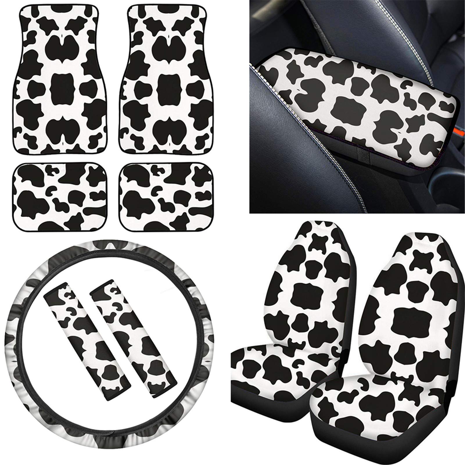 Dremagia 10-Piece Universal Car Seat Covers Set - Cow Print Non-Slip Front & Rear Floor Mats, Center Console Cover, Armrest Protector, Steering Wheel Cover & Seat Belt Pads - Perfect for SUVs, Trucks & Sedans, Protects Interior from Spills, Pets & Wear