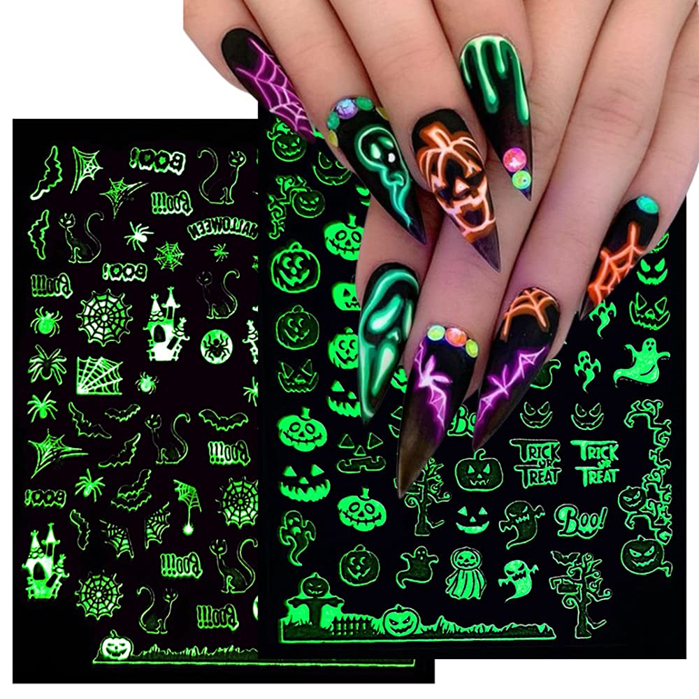 Glow in The Dark Halloween Nail Stickers - 3D Self-Adhesive Fluorescent Nail Decals (Skull, Spider, Witch, Ghost, Pumpkin, Bat, Snake Designs) - 6PCS DIY Acrylic Nail Art for Women & Girls - Perfect for Halloween Parties, Cosplay & Spooky Nail Designs