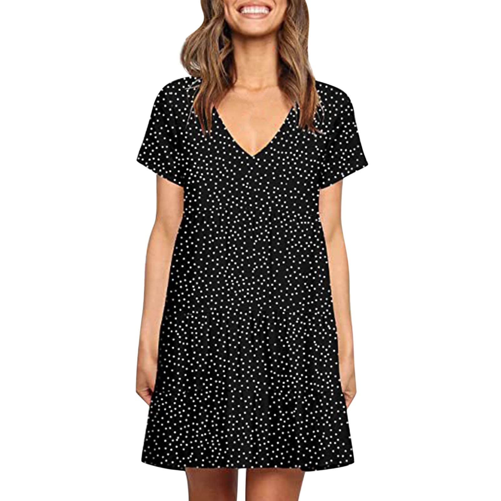 Women's Summer Dresses 2023 - Casual V-Neck Short Sleeve Polka Dot Print Layered Dress | Perfect for Beach Vacations, Date Nights & Summer Parties