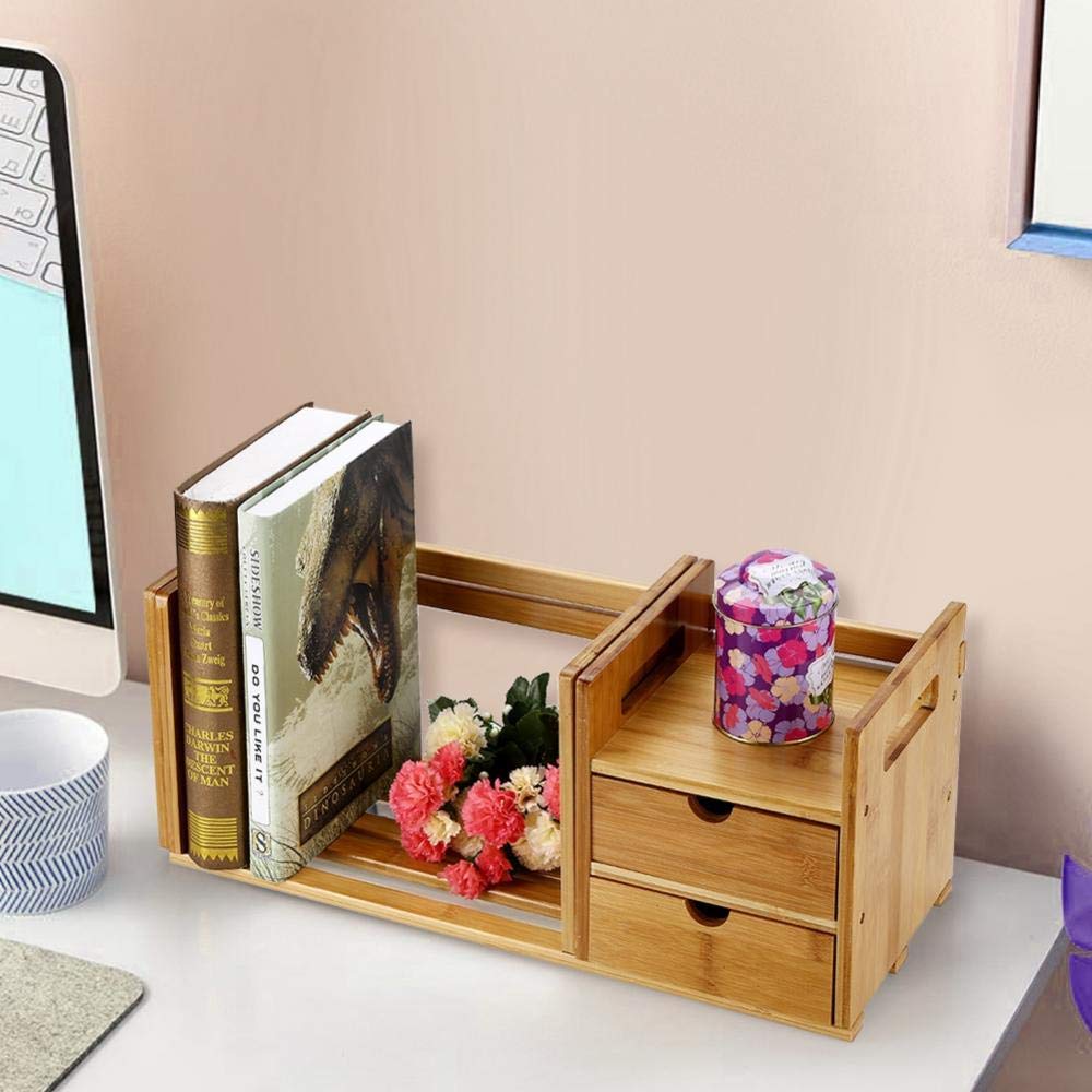 HAOFY Bamboo Wood Extendable Desk Organizer - Adjustable Tabletop Book Rack with 2 Drawers, Space-Saving Bookshelf for Office, Study & Home Decor | Perfect for Books, Files & Stationery Storage