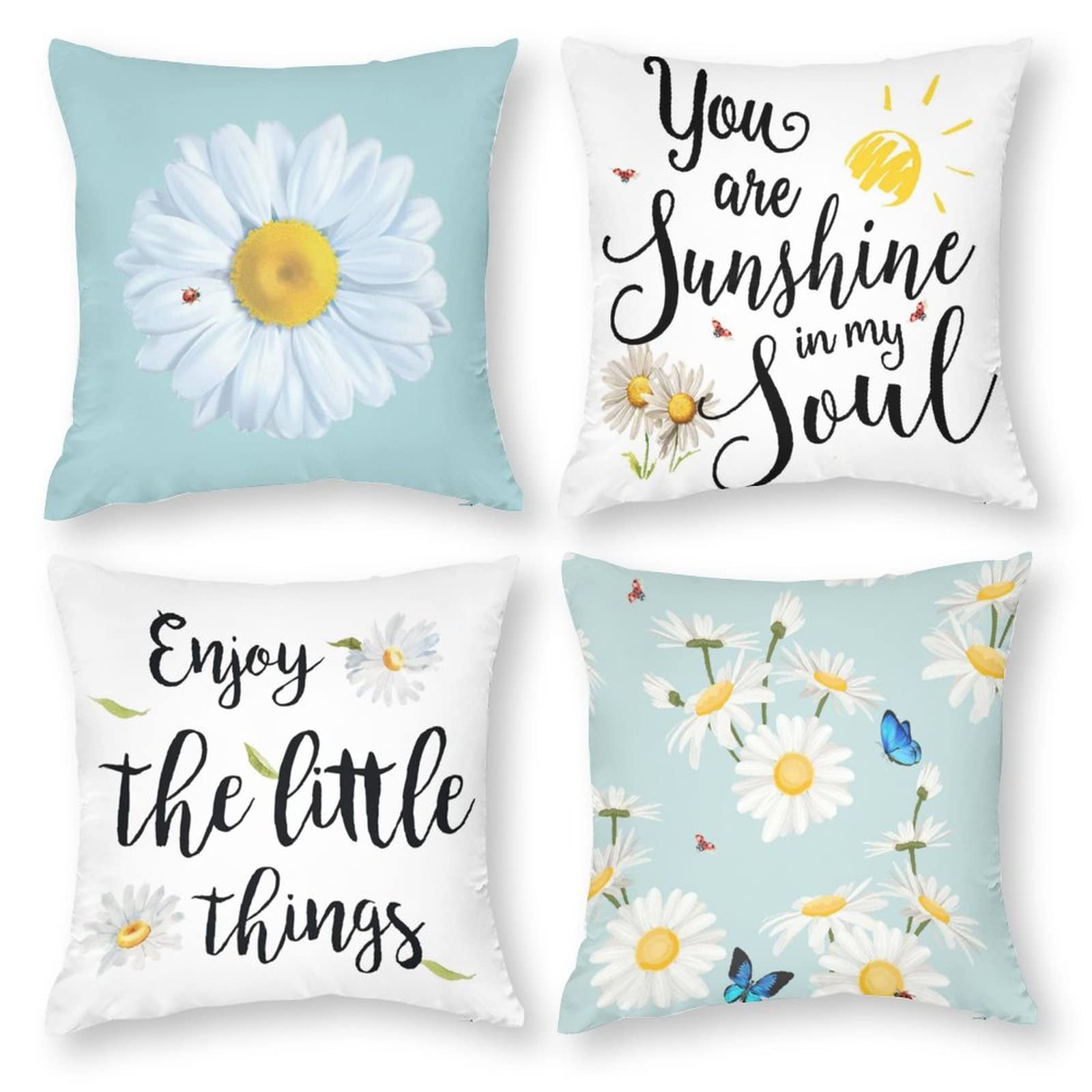 BBKD Set of 4 Daisy Floral Decorative Throw Pillow Covers 16x16 Inch - You Are My Sunshine Polyester Cushion Cases for Sofa, Couch, Bed - Home Decor & Living Room Accent Pillows for Spring Summer Decorations